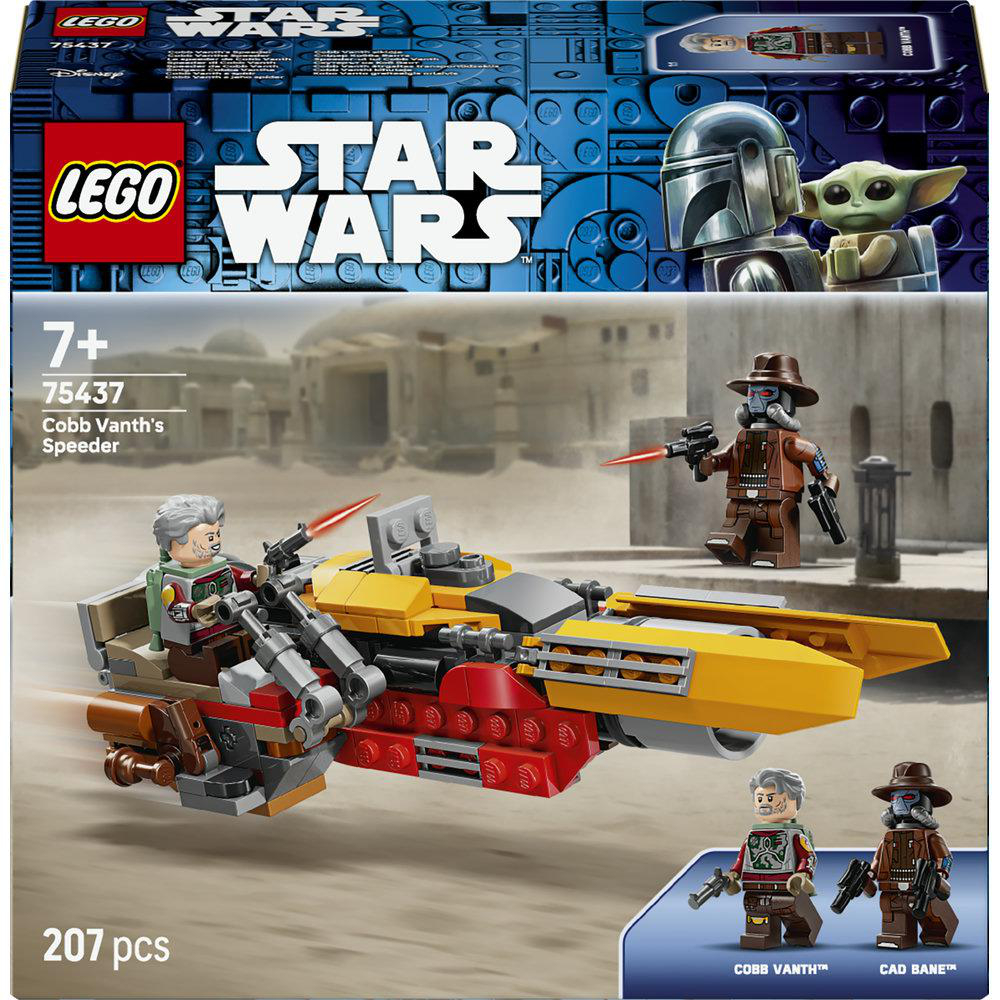 LEGO Star Wars-Set mit Cobb Vanths Speeder, 2 Minifiguren und Hintergrundszene.