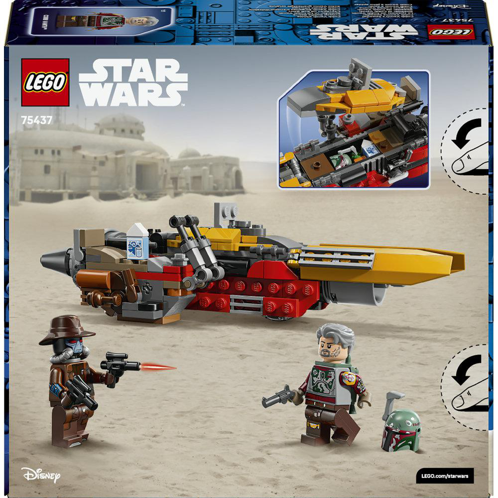 LEGO Star Wars Set mit Fahrzeug, zwei Minifiguren und einem Helm in Wüstenlandschaft.