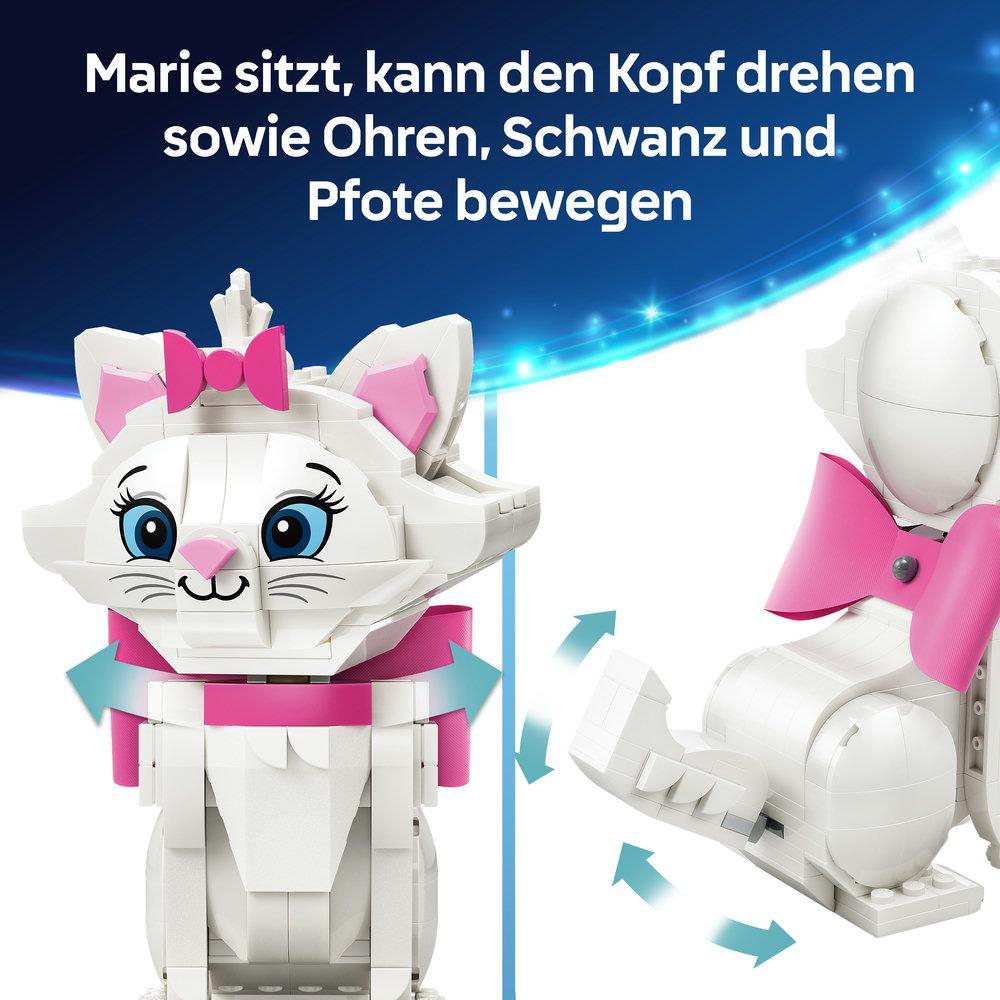 Weiße Katze aus Bausteinen mit rosa Schleife, drehbarem Kopf, Ohren, Schwanz und Pfoten.