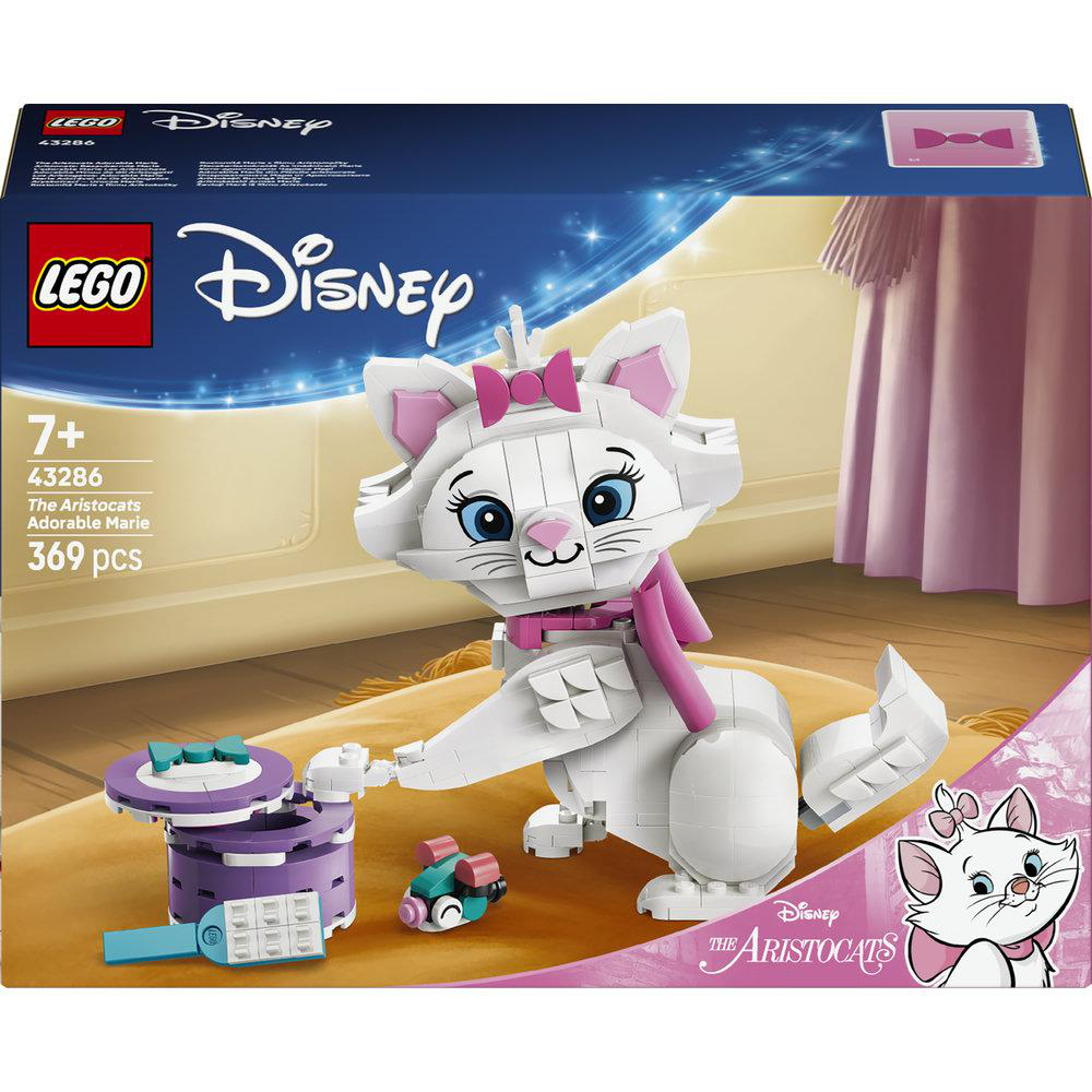 LEGO Disney Aristocats Marie Set mit Marie, einer Spieluhr und einer Spielzeugmaus.