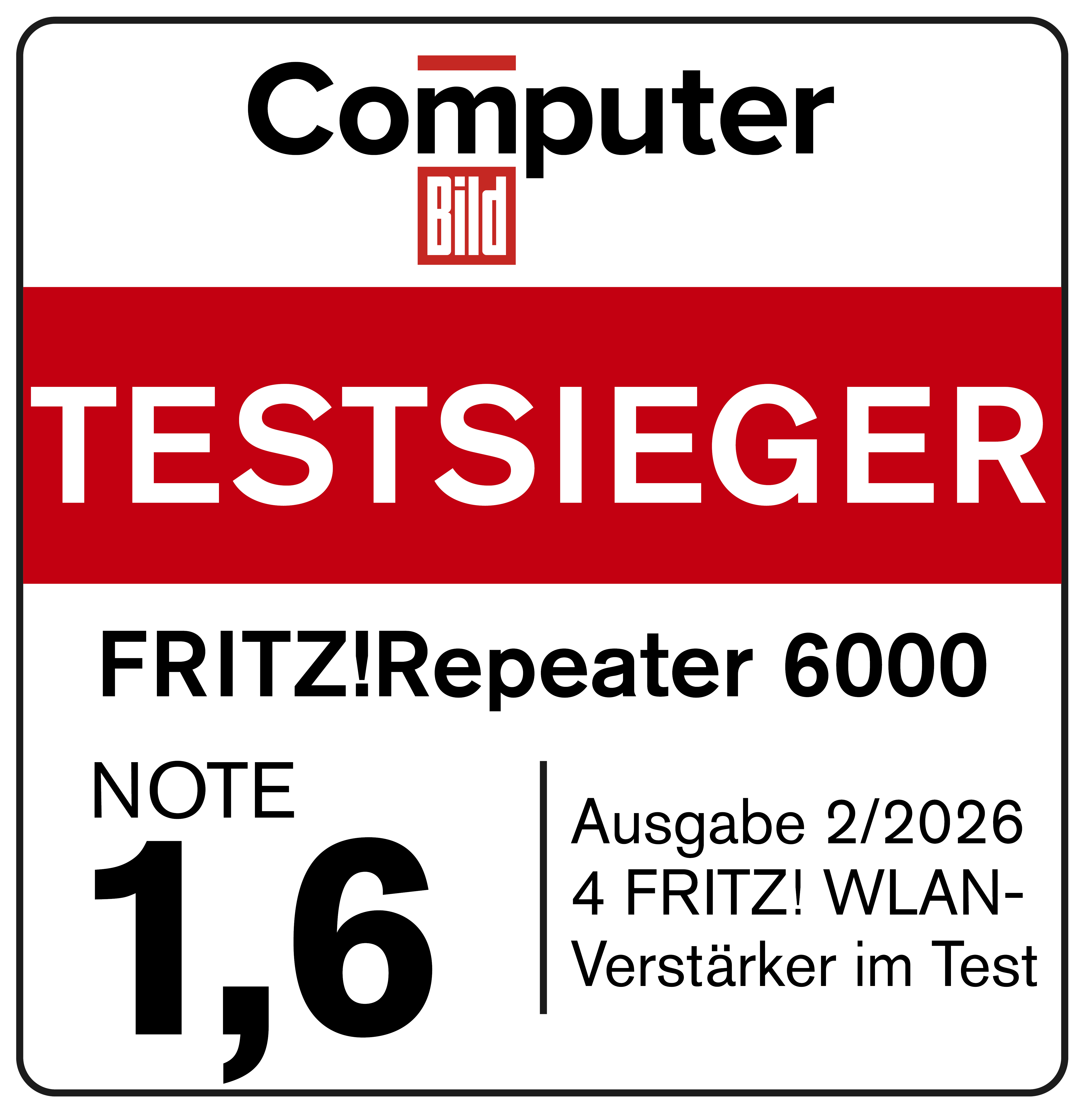 Computer Bild Testsieger: FRITZ!Repeater 6000, Note 1,6. Ausgabe 2/2026.