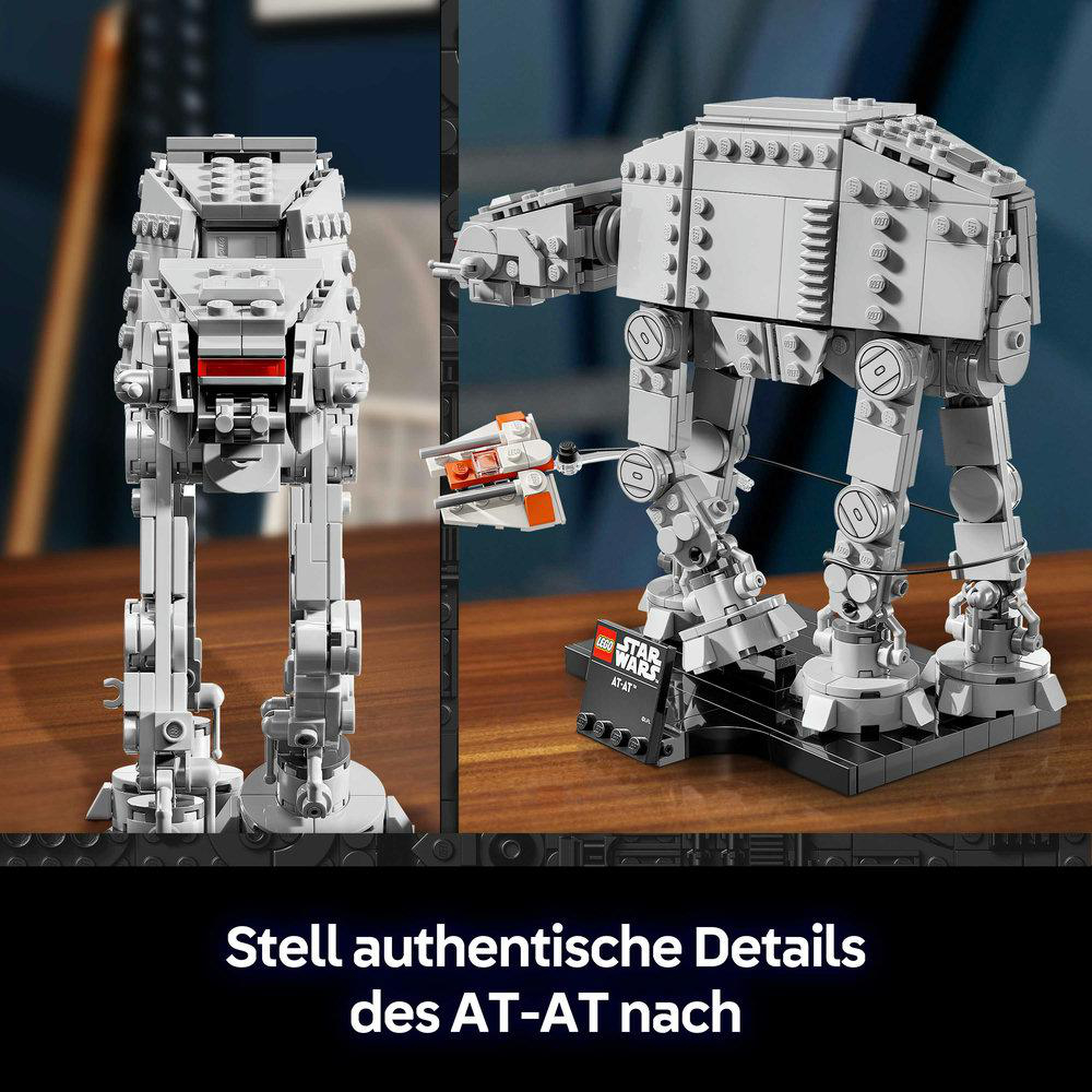 Graues Lego AT-AT Modell mit rotem Detail am Kopf.
