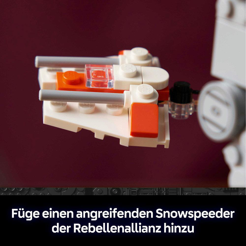 Nahaufnahme eines weißen und orangen Lego-Modells eines Snowspeeder mit grauen Kanonen.
