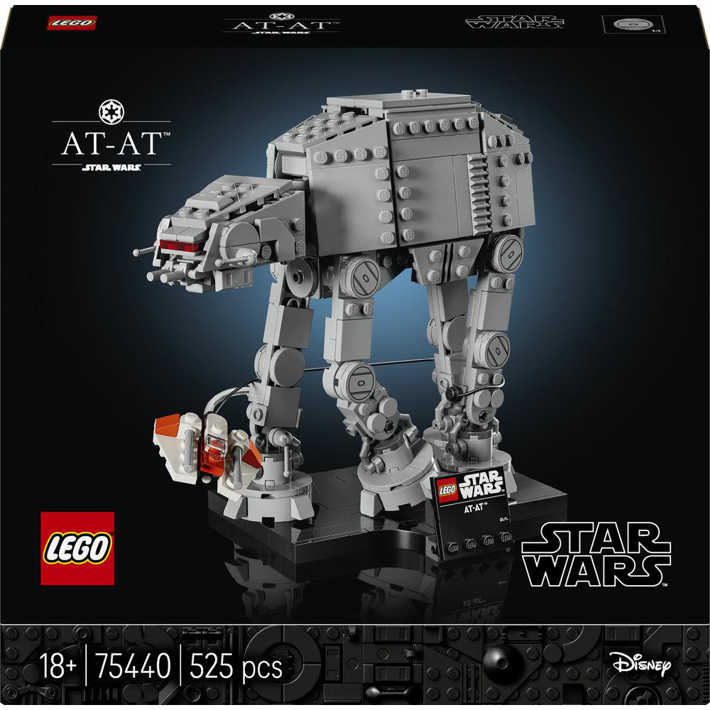 Grauer LEGO AT-AT Walker aus Star Wars auf schwarzem Podest mit roten Akzenten.