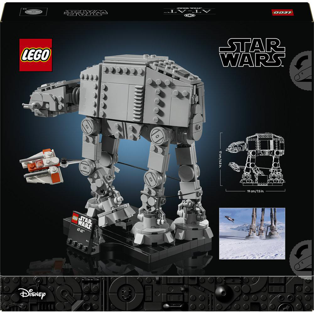 LEGO Star Wars AT-AT Modell mit Beiblatt und Maßangaben.