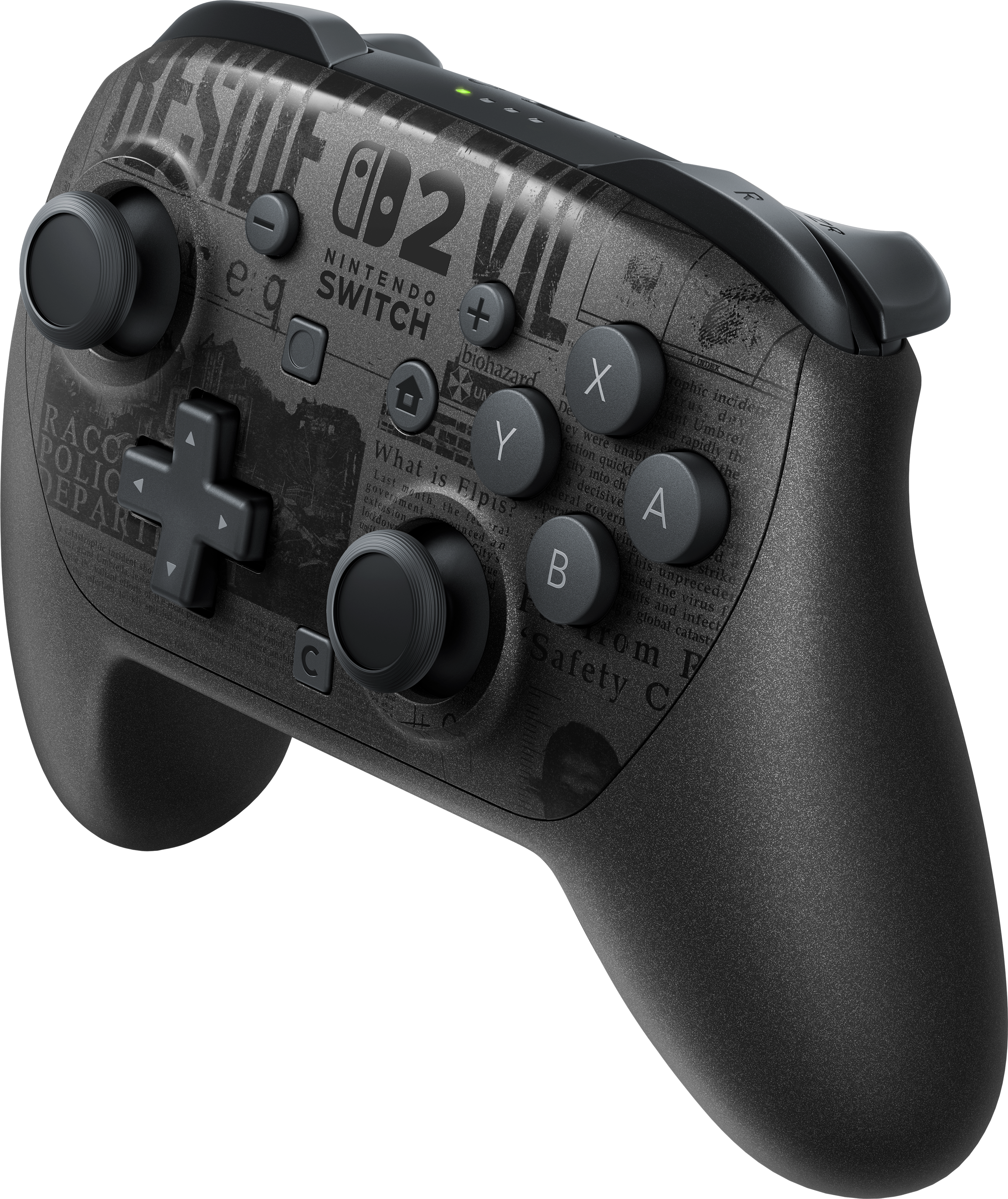 Biyo-tehlike temalı metin ve grafiklere sahip karanlık Nintendo Switch kontrol cihazı.