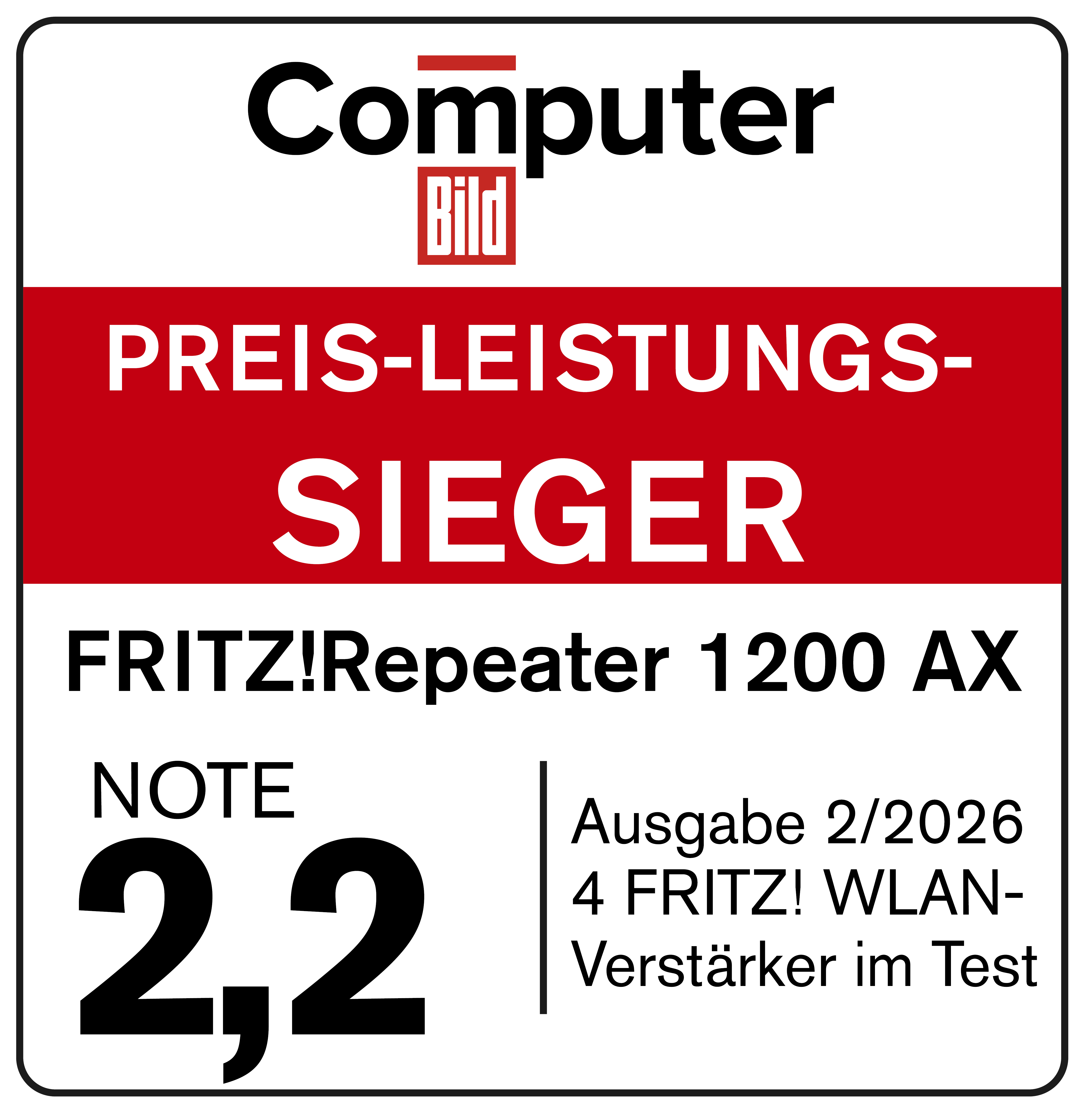 Computer Bild Siegel: FRITZ!Repeater 1200 AX, Note 2,2, Ausgabe 2/2026