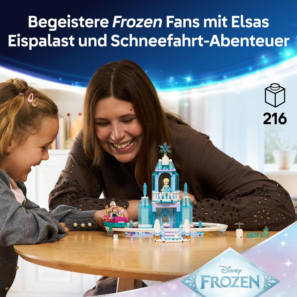 Frau und Kind bauen einen Eispalast aus LEGO, inspiriert von Disney's Frozen.