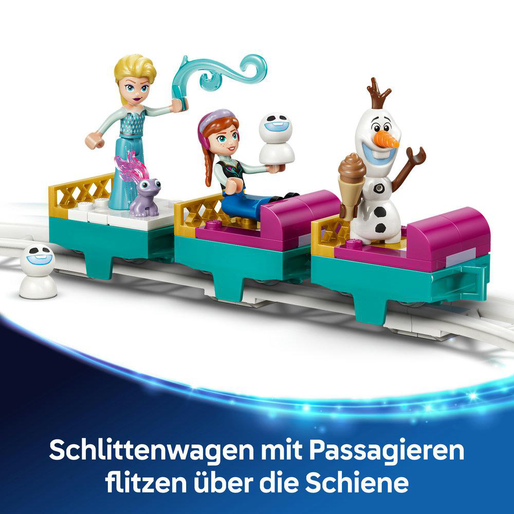 Figuren Elsa, Anna und Olaf auf einem bunten Schlittenzug auf Schienen.