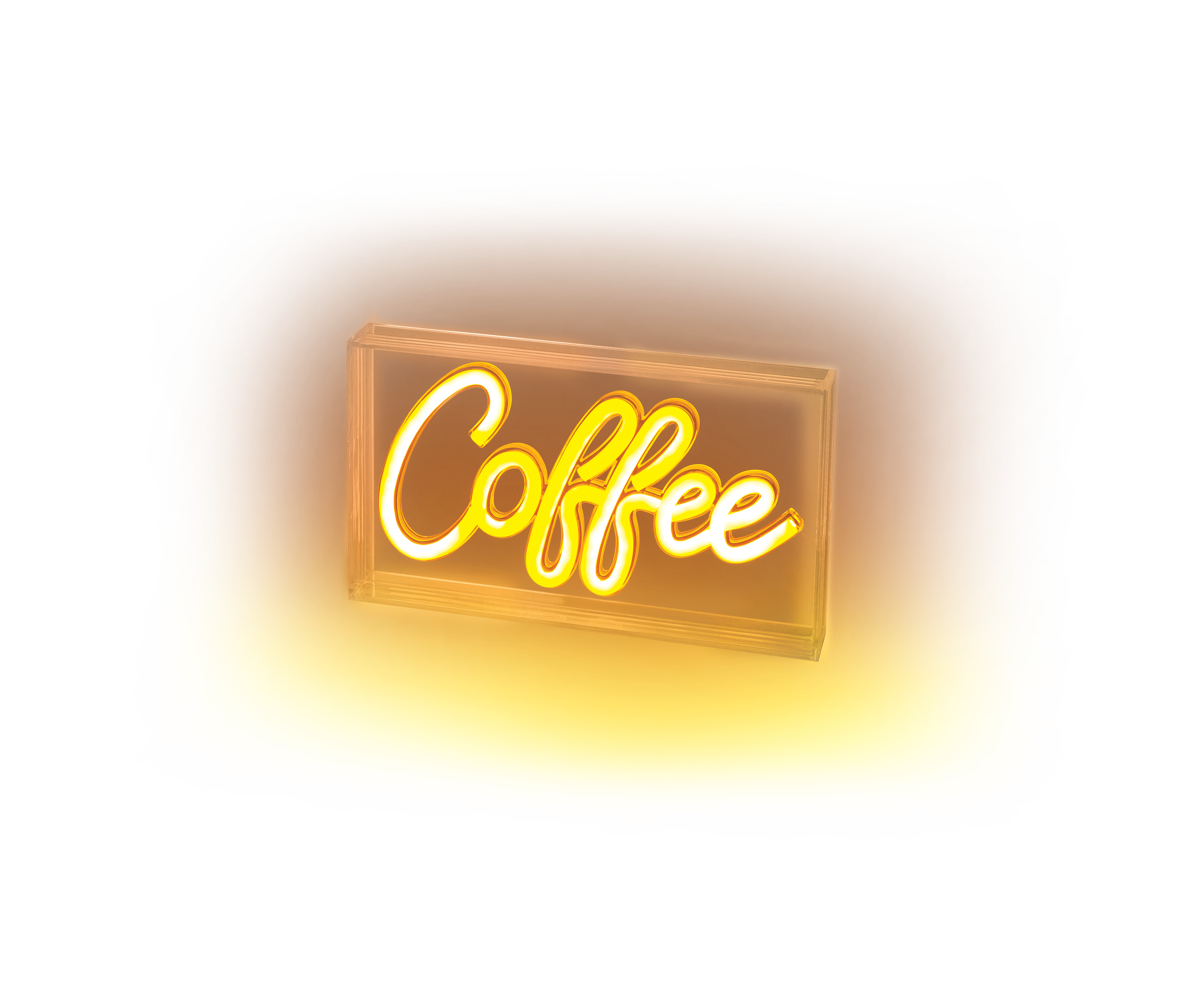 Neonowy napis "Coffee" żółtymi literami na brązowym tle.