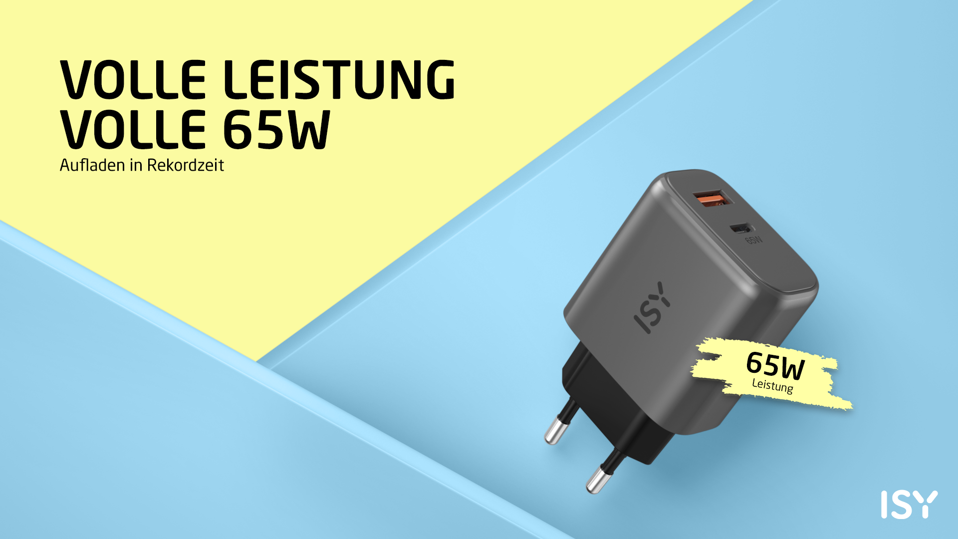 Szara ładowarka ISY z 2 portami USB-C, moc 65W.