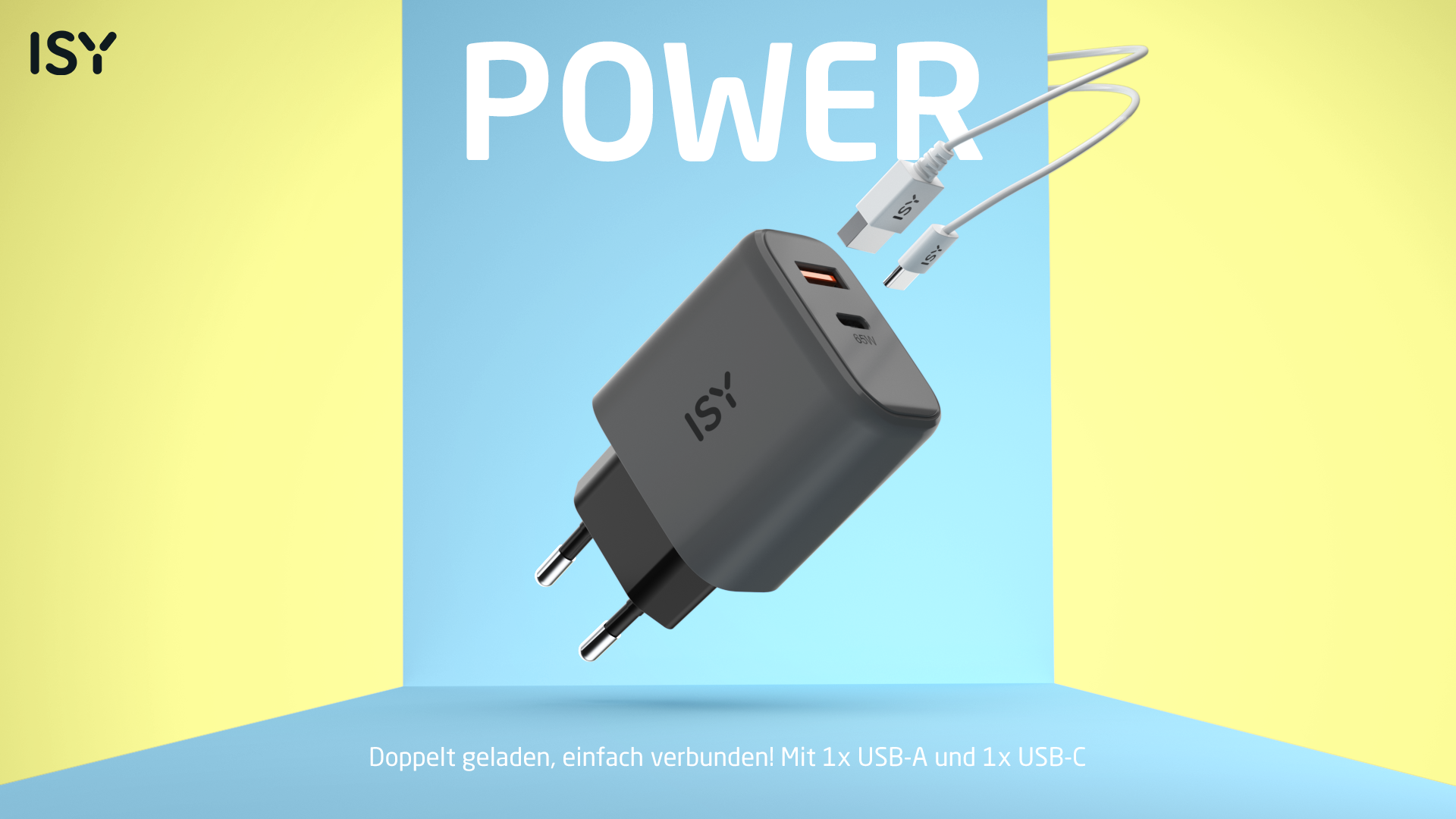 Szary adapter ISY z dwoma portami USB i kablami.