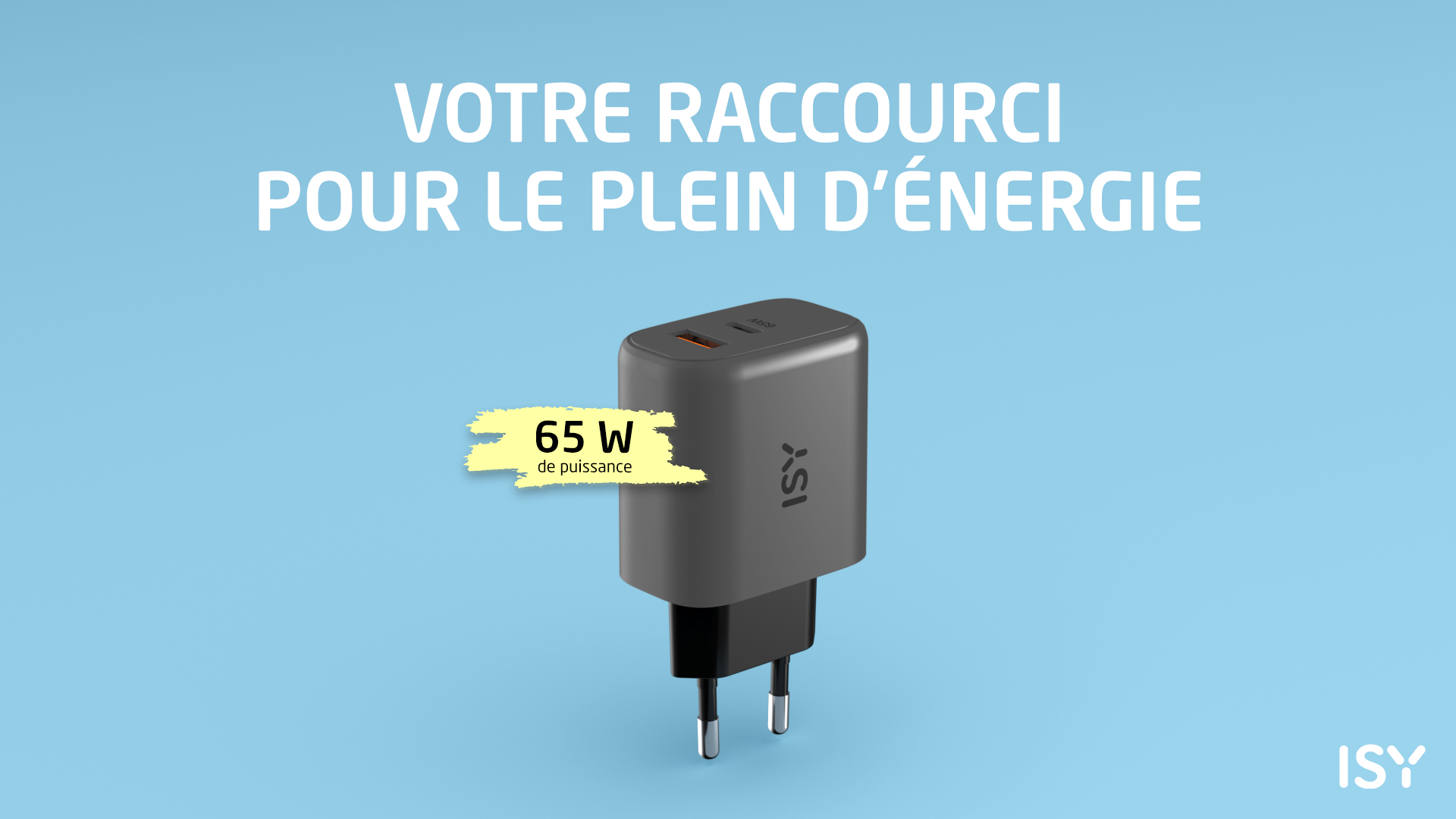 Szary adapter zasilający z dwoma portami USB-C i mocą 65W.