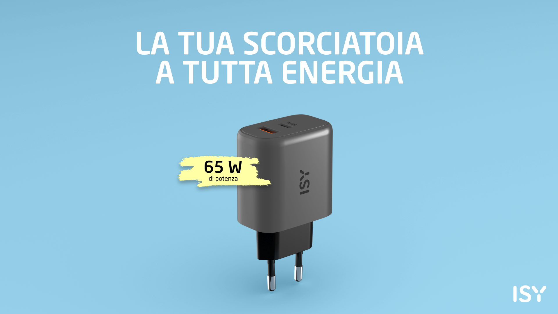 Szary adapter ISY z 2 portami USB-C i mocą 65W.