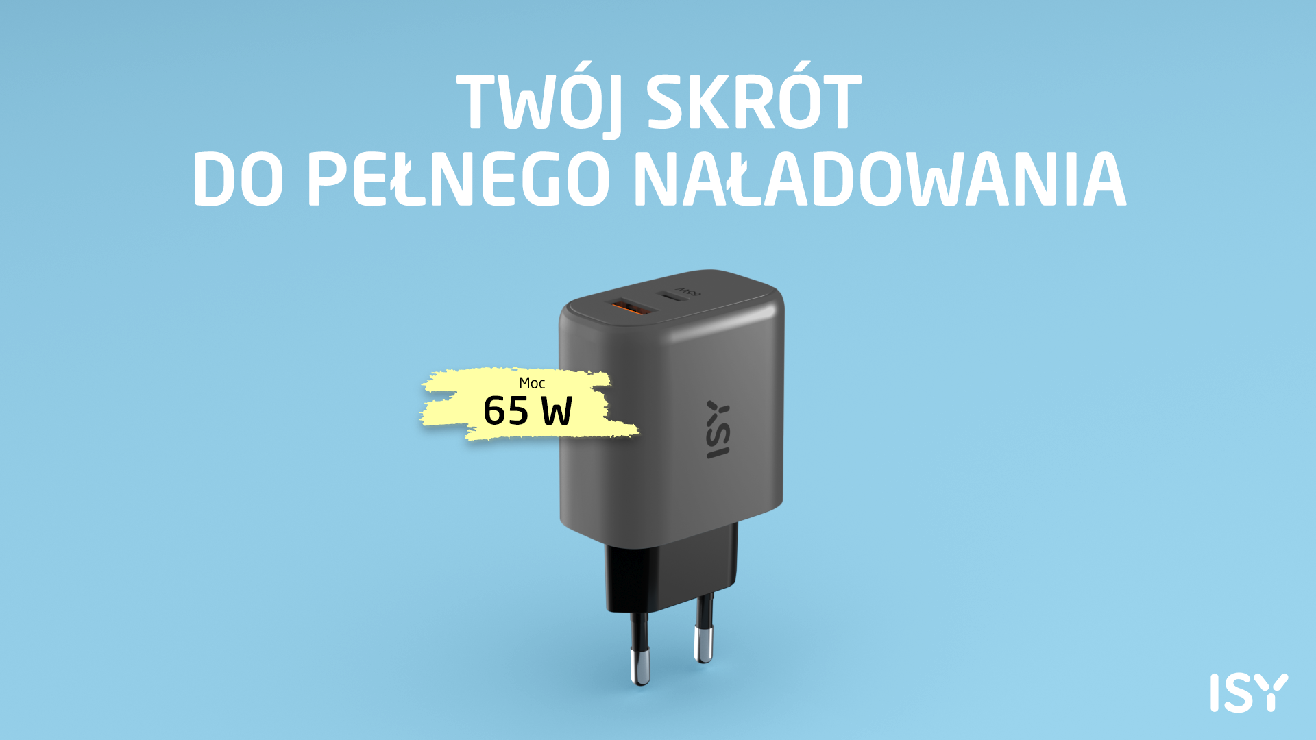 Szara ładowarka ścienna ISY 65W z dwoma portami USB-C na niebieskim tle.