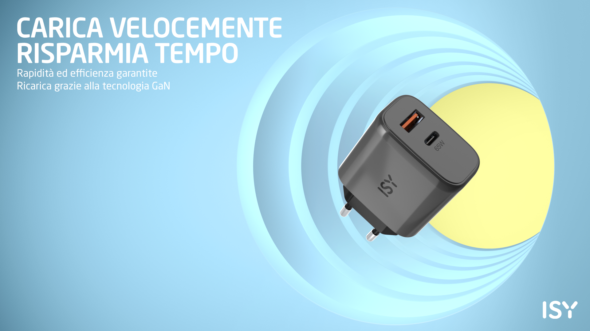 Szara ładowarka ISY GaN 65W z portami USB-C i USB-A.