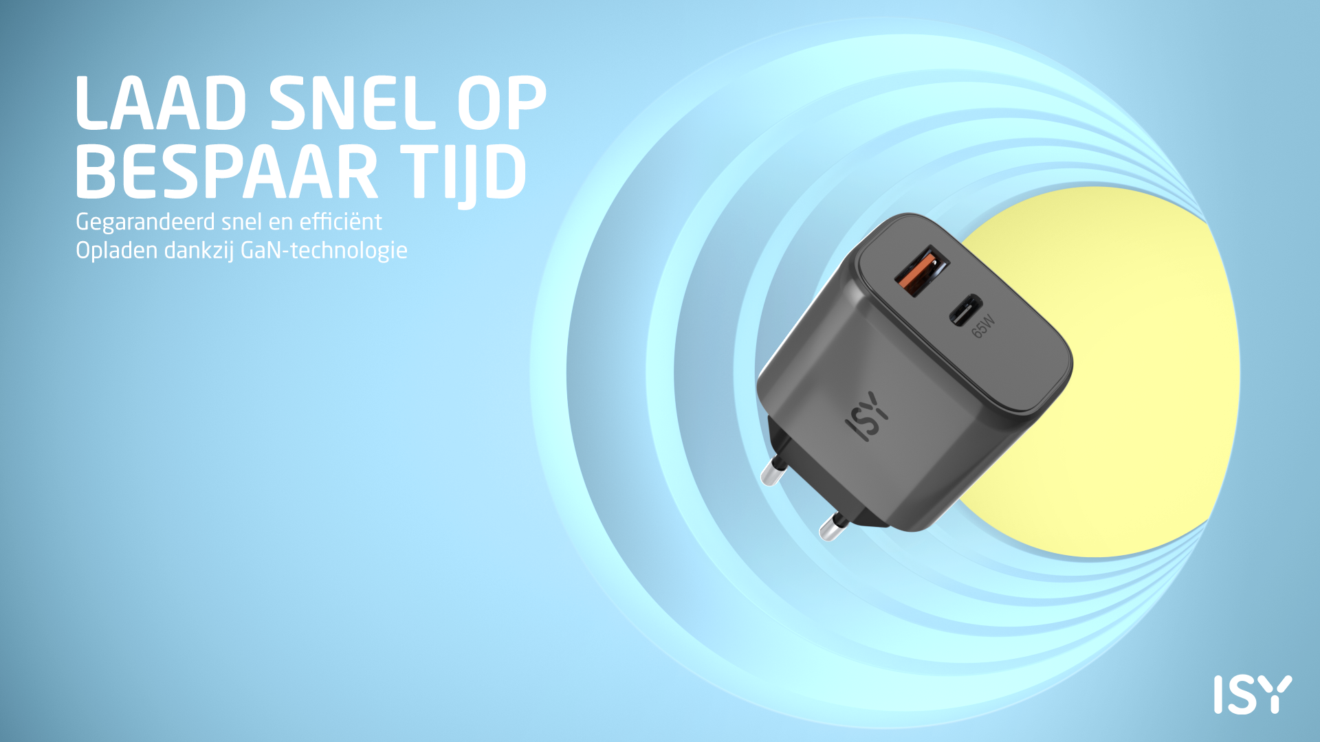 Szara ładowarka ISY 65W z portami USB-A/C na niebieskim tle.