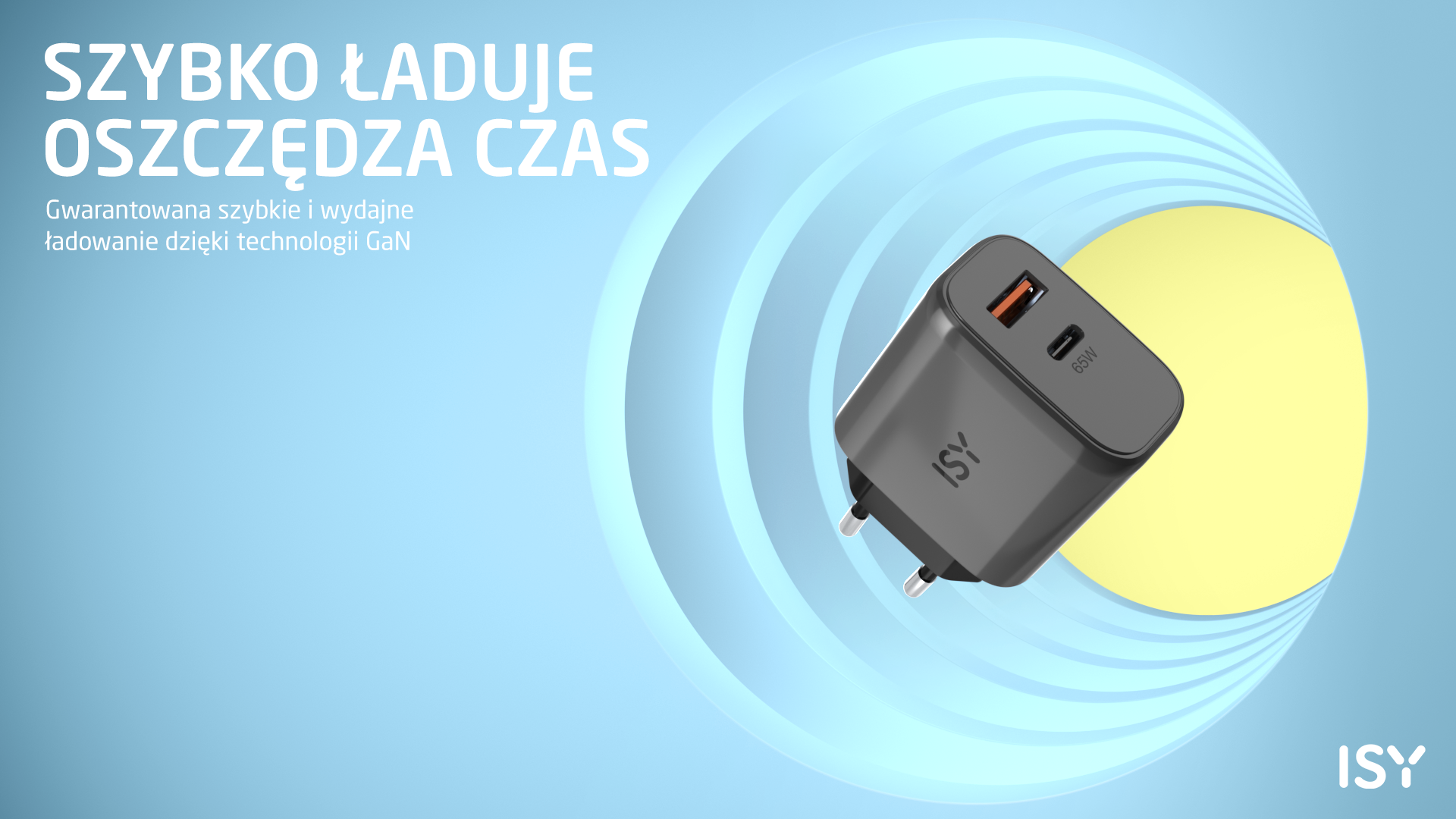Szary ładowarka ISY 65W z dwoma portami USB-C na niebieskim tle z żółtym kołem.