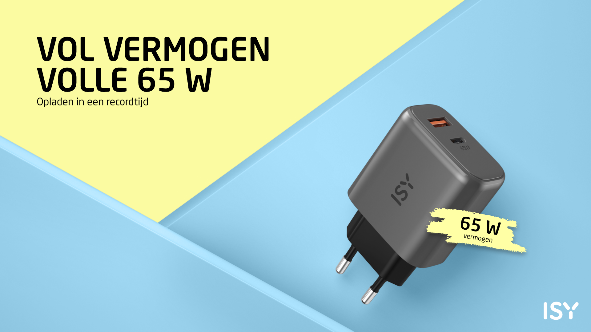 Szara ładowarka ISY 65W z pomarańczowym portem USB-C na niebieskim tle.