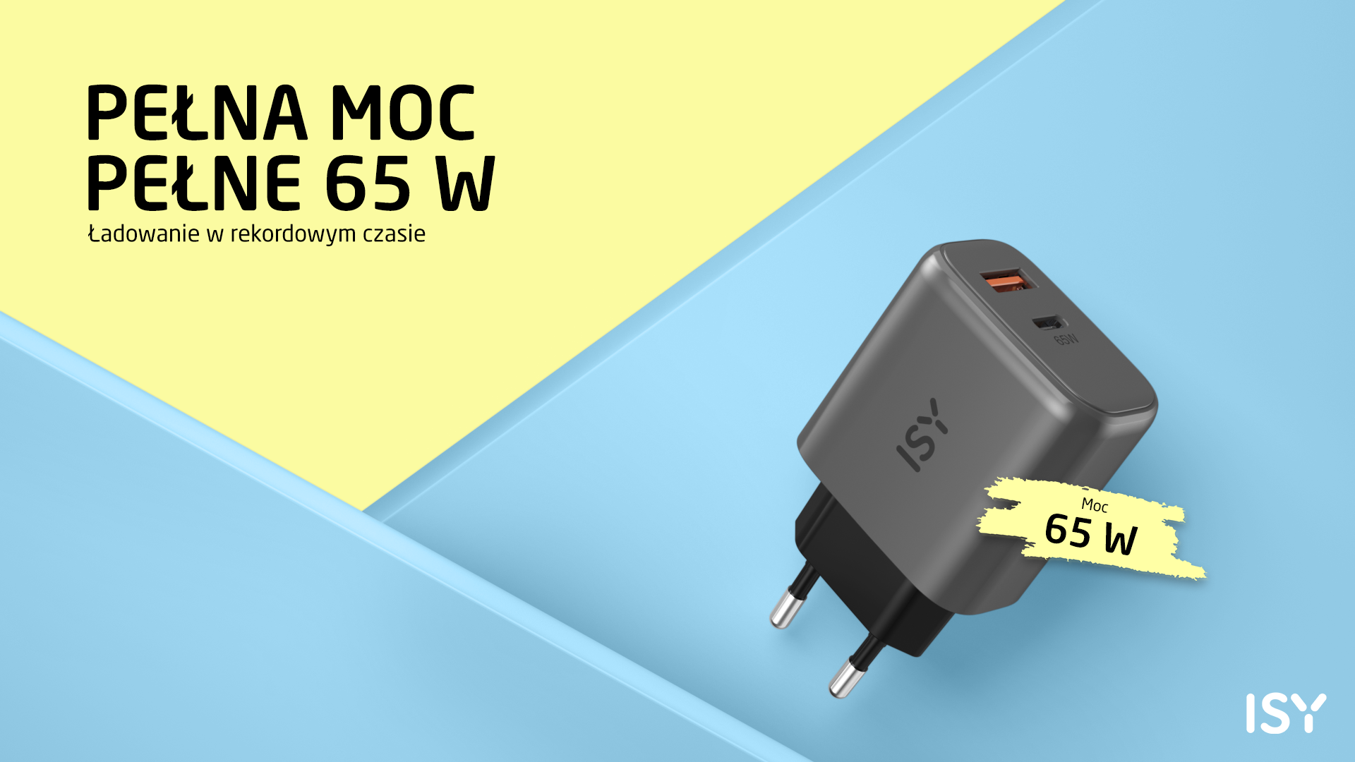 Szara ładowarka ISY 65W z portem USB-C na niebieskim tle.