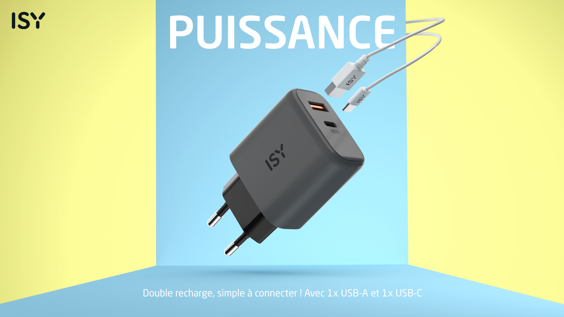 Zasilacz ISY z dwoma portami USB i kablami na tle żółtym i niebieskim.