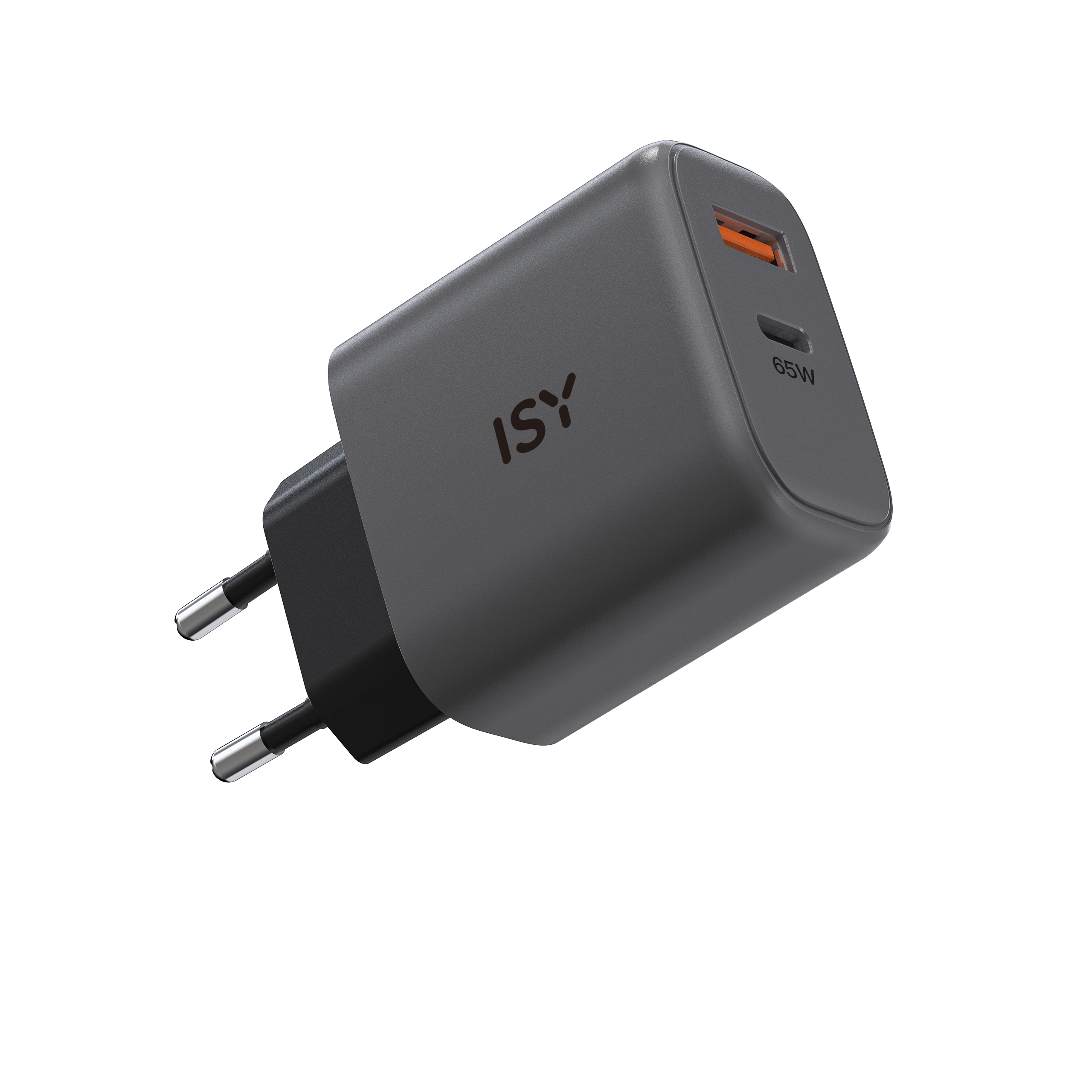 Szara ładowarka USB-C z pomarańczowym portem i oznaczeniem 65W.