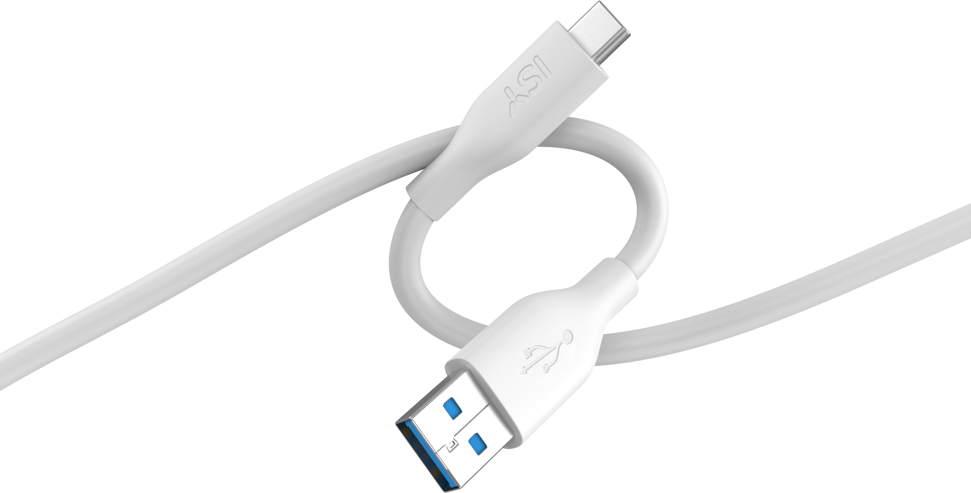 Biały kabel USB-C z złączem USB-A, na białym tle.