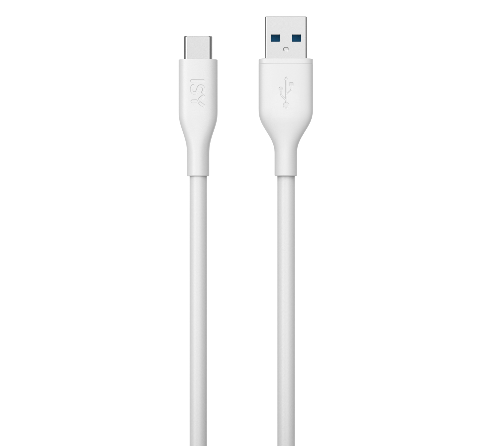 Biały kabel USB-C do USB-A z obiema wtyczkami na pierwszym planie.
