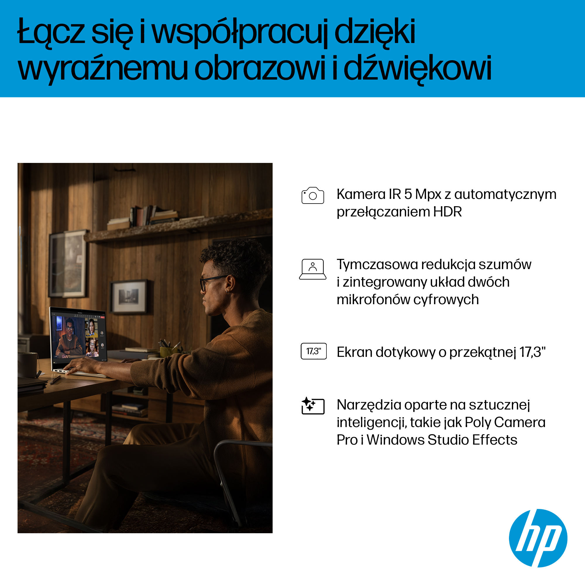 Mężczyzna w okularach na wideokonferencji na laptopie w drewnianym pomieszczeniu. Logo HP.
