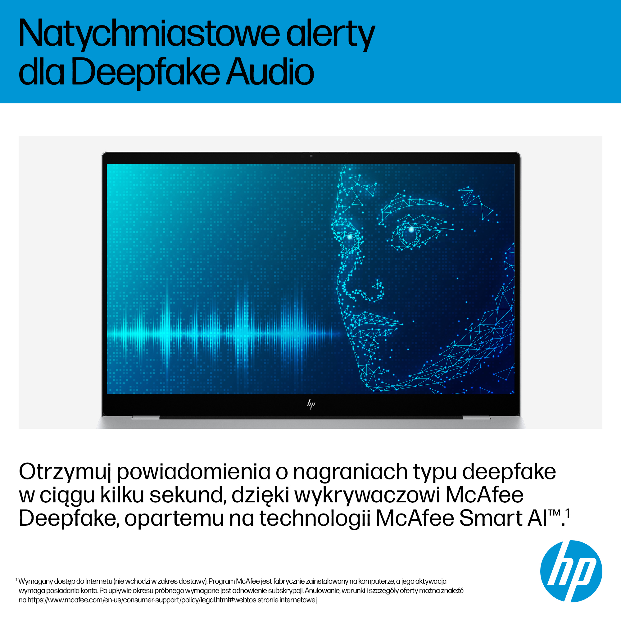 Laptop wyświetla cyfrową grafikę twarzy i przebieg audio.