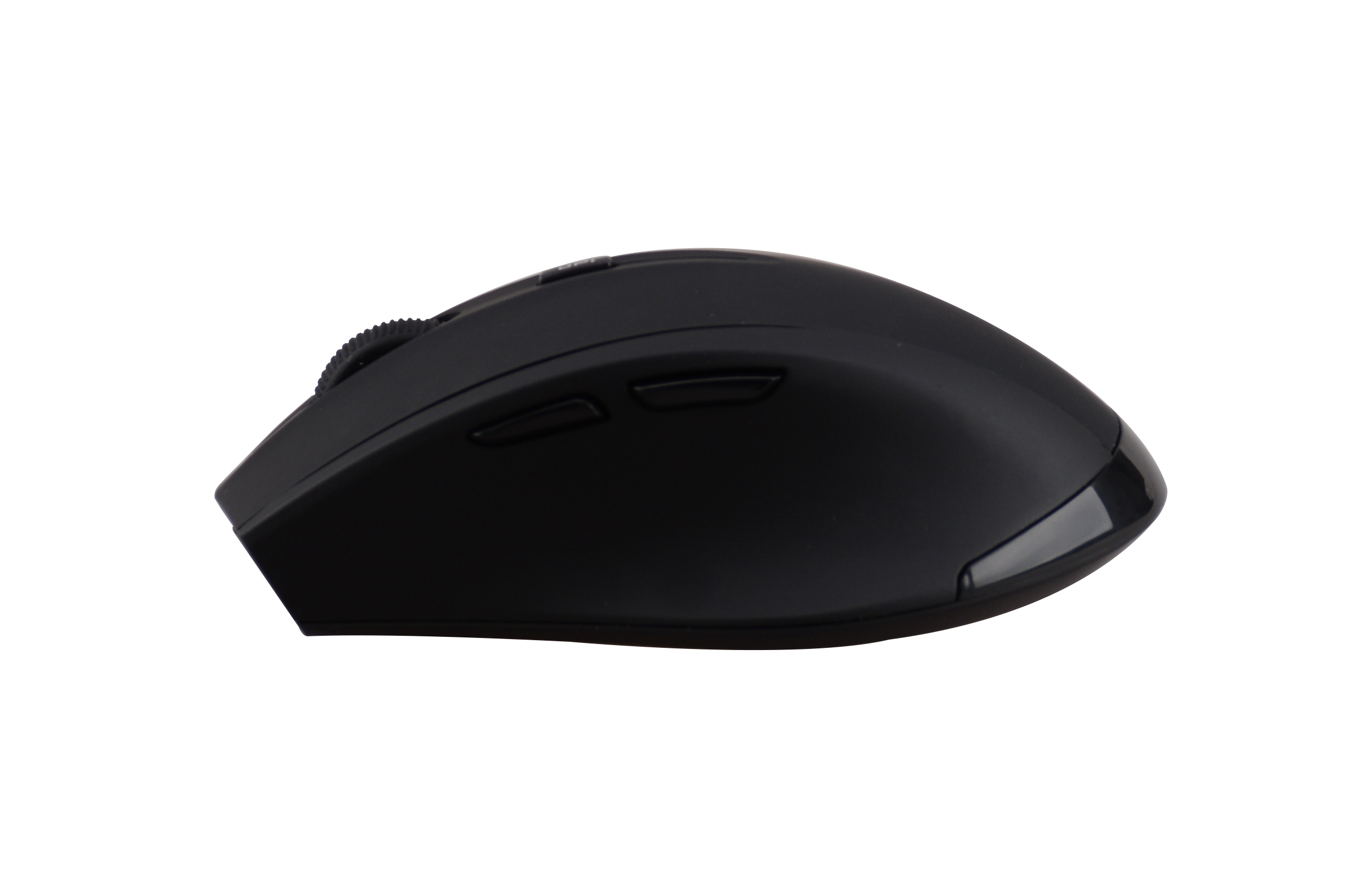 Czarna mysz komputerowa z kółkiem przewijania i dwoma przyciskami.