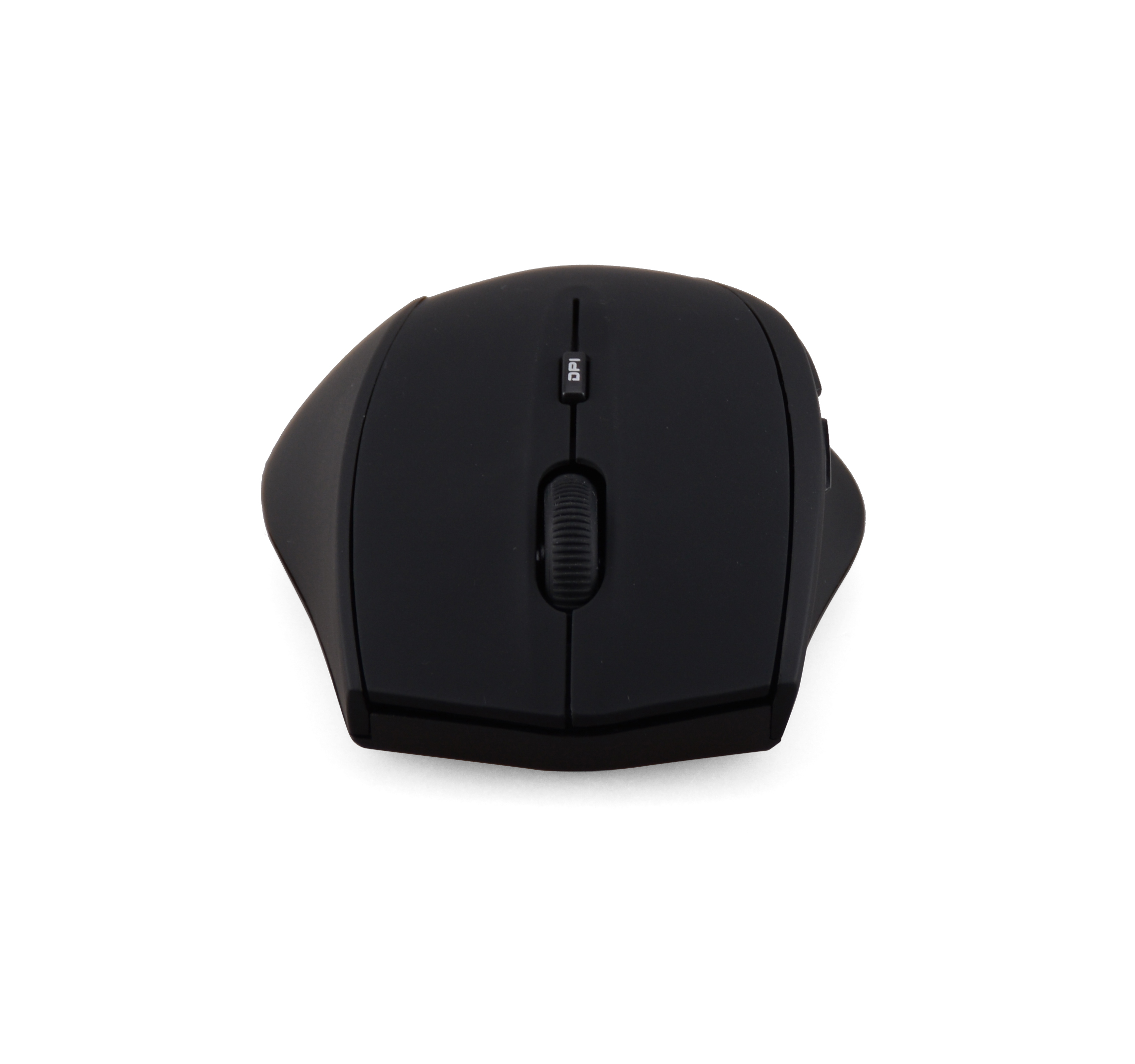 Czarna mysz komputerowa z kółkiem przewijania i przyciskiem DPI, na białym tle.