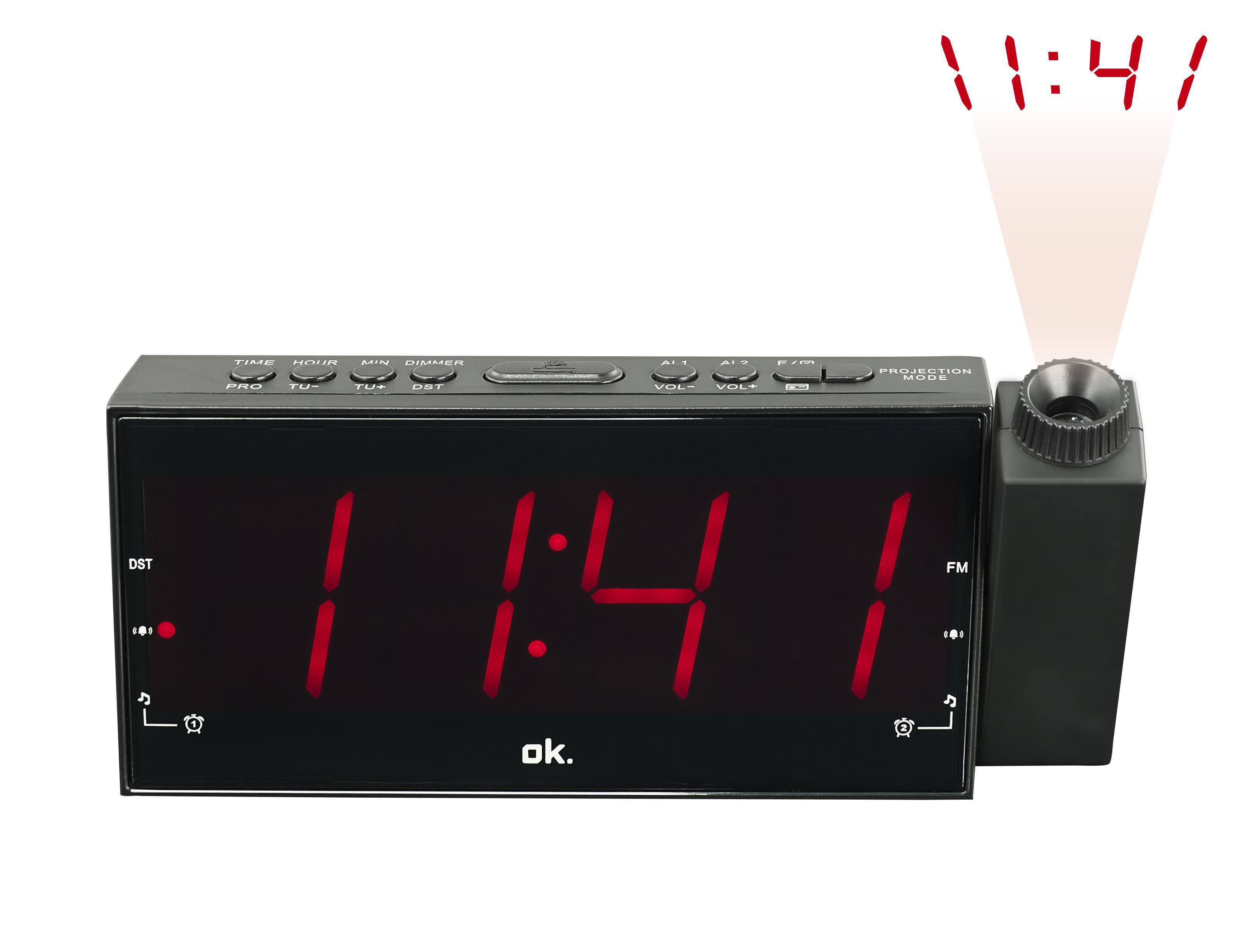 Czarny zegar cyfrowy z czerwonym wyświetlaczem, wyświetla 11:41.