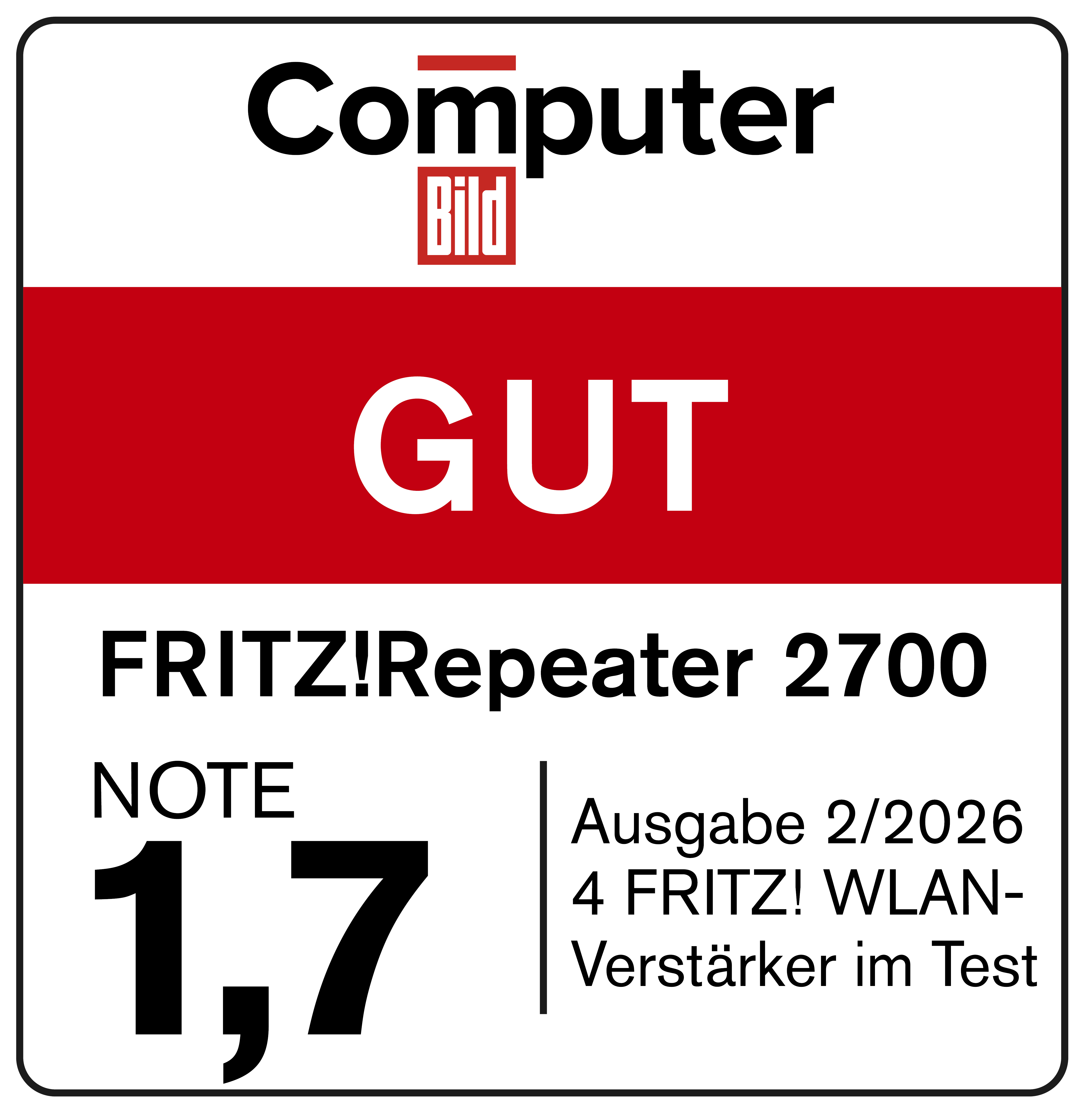 Computer Bild Siegel: FRITZ!Repeater 2700 mit Note 1,7 GUT.