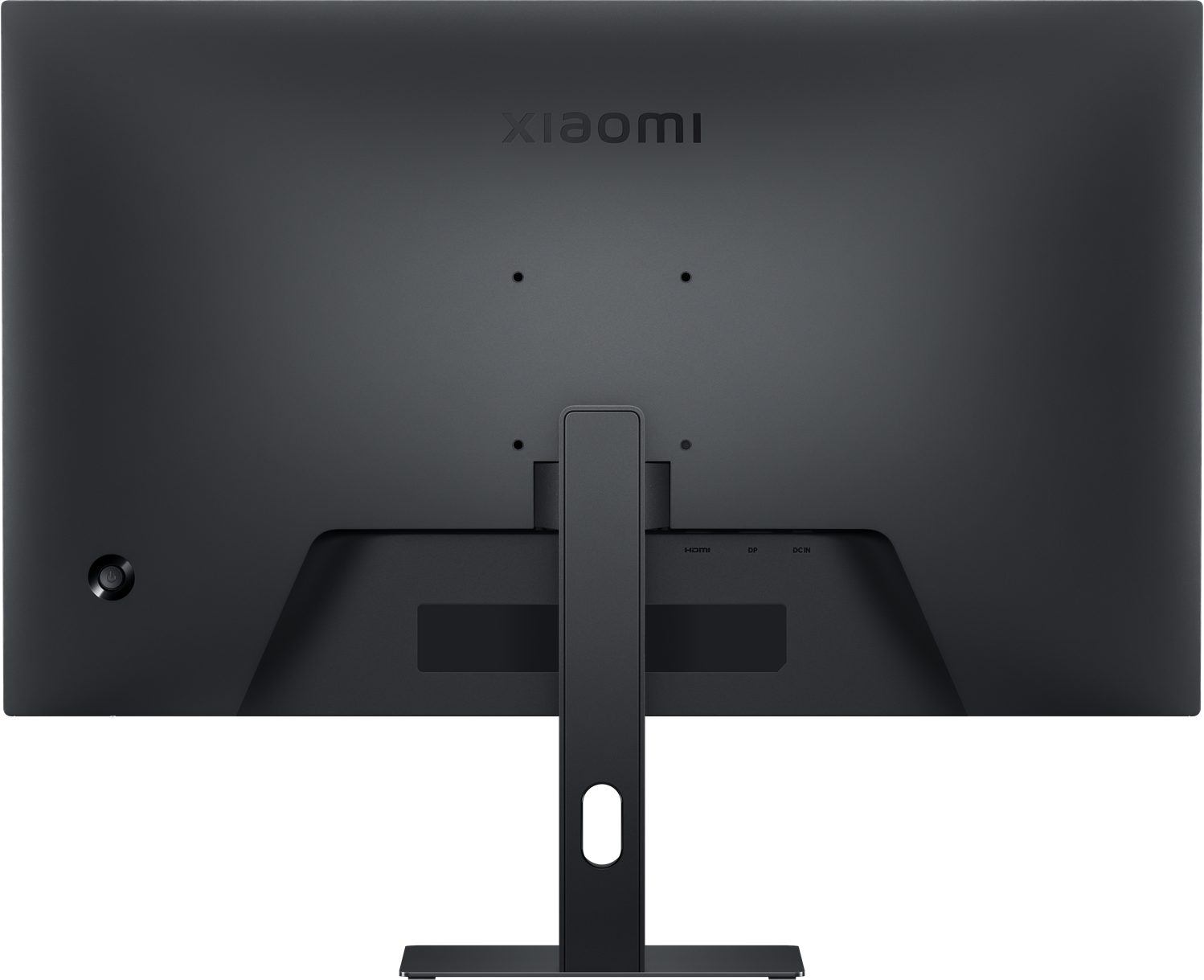 Fekete monitor hátulja Xiaomi logóval, portokkal és bekapcsológombbal.