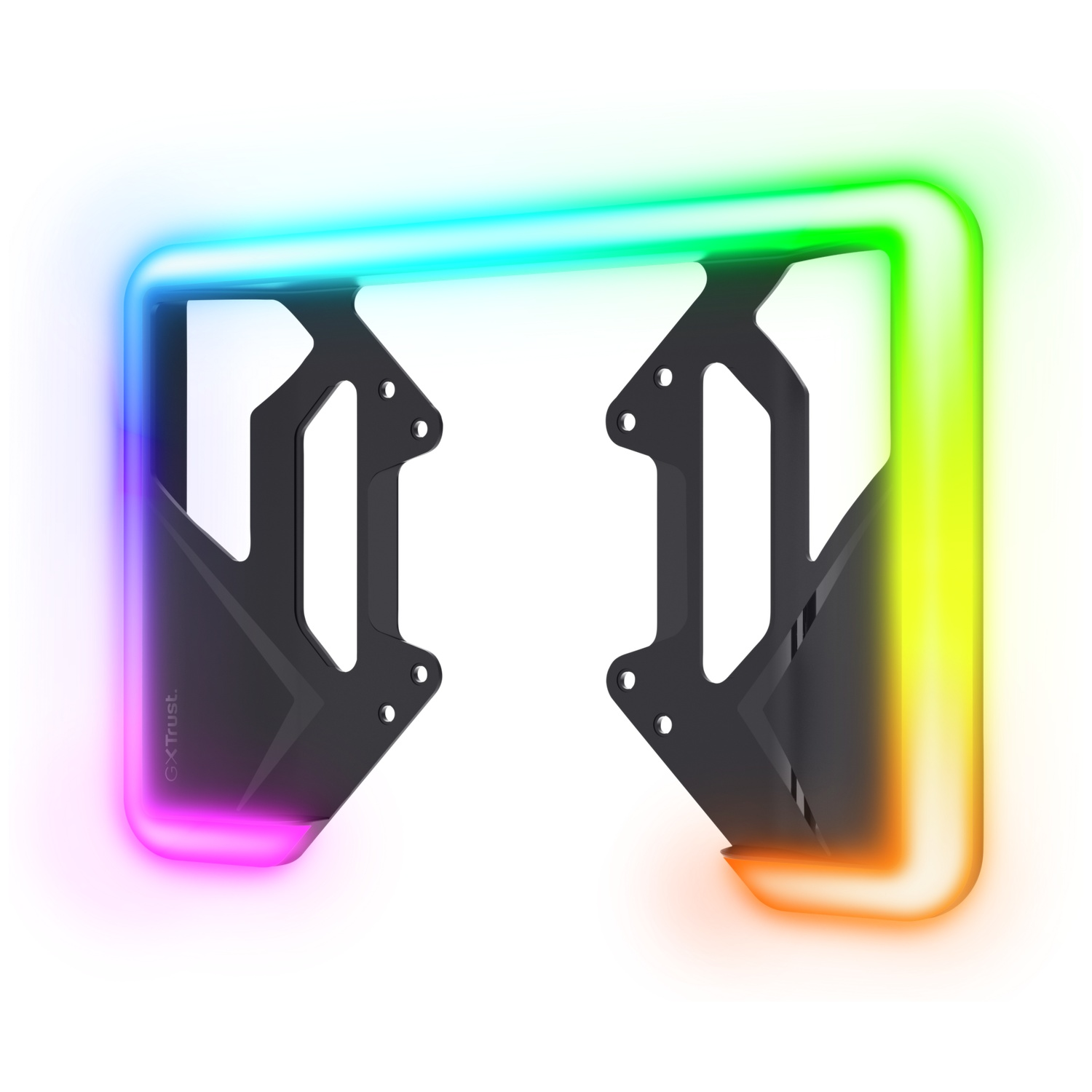Black computer fan with RGB lighting in blue, green, and yellow.