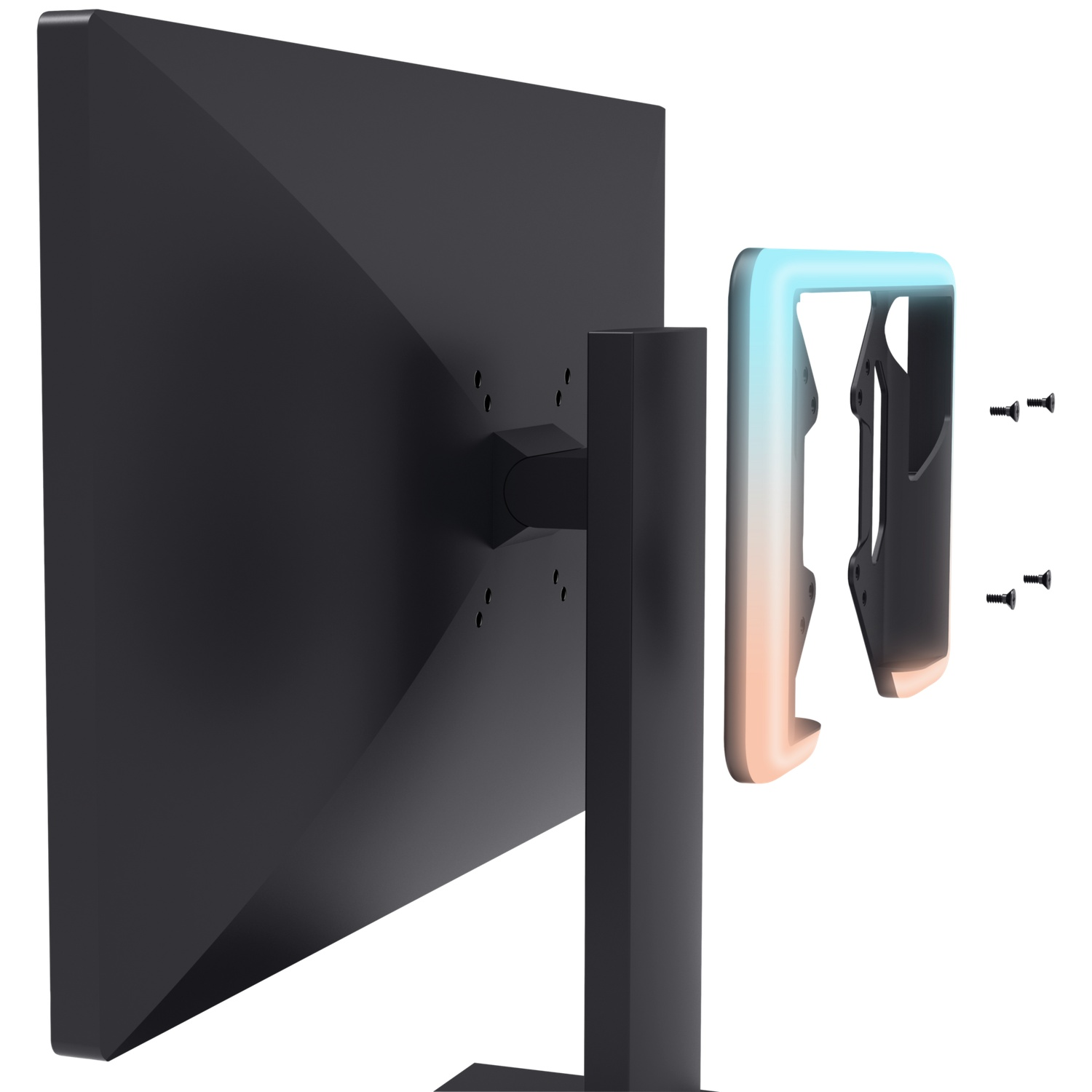 Back of a black monitor with accessories: bracket and two screws.