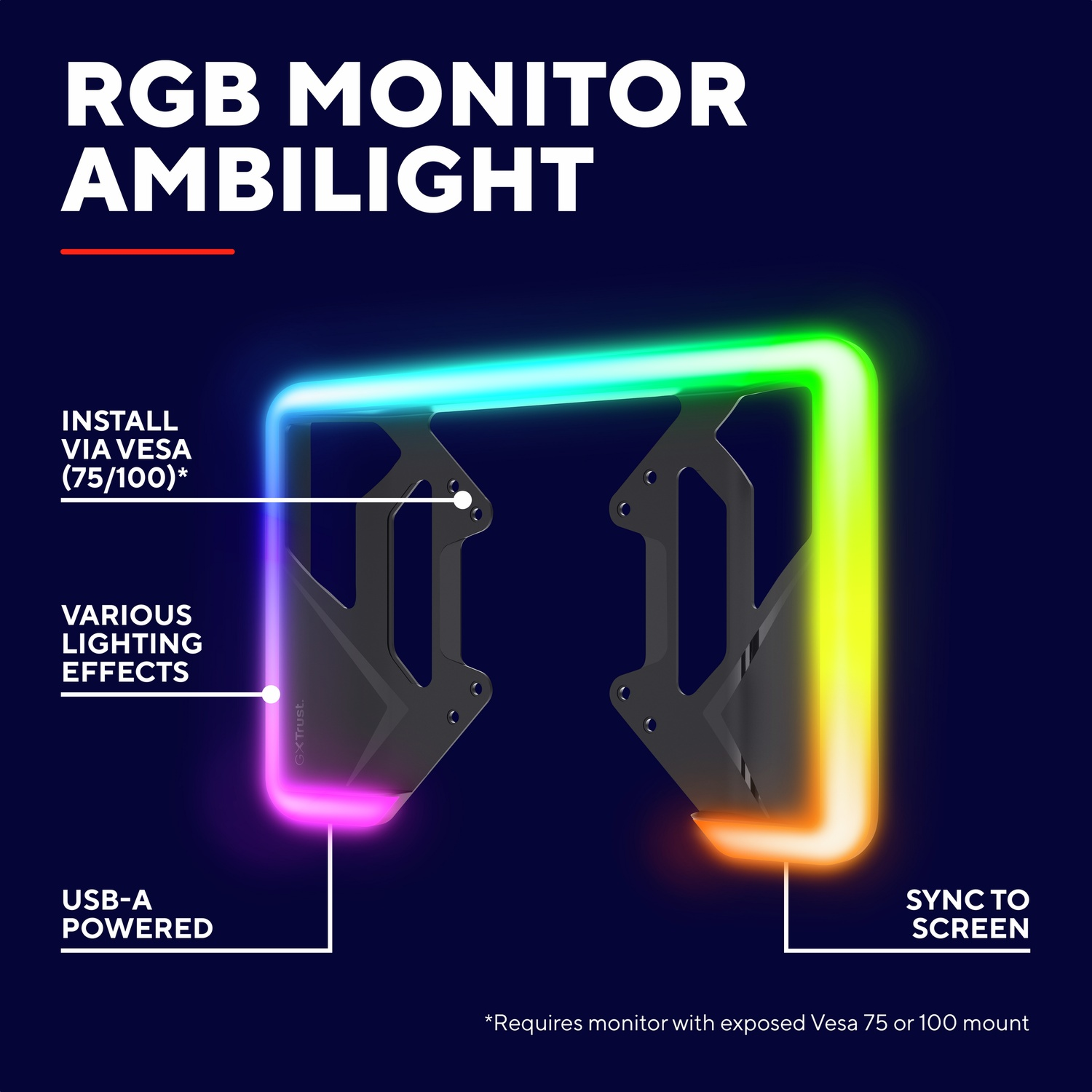 An RGB monitor ambilight device with VESA mount and color changing lights.