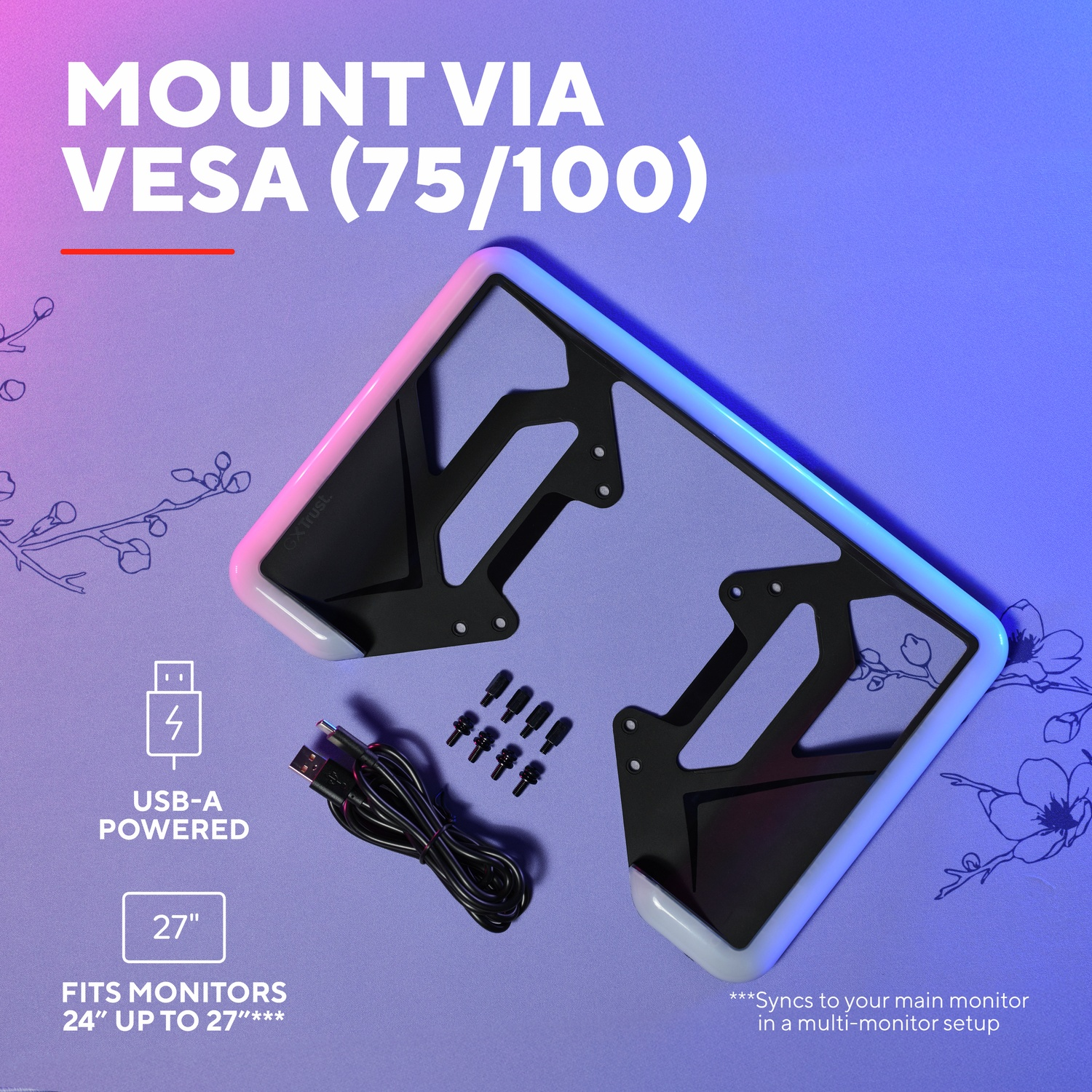 Monitor mount with RGB lighting, USB-A powered, fits 24-27 inch monitors.