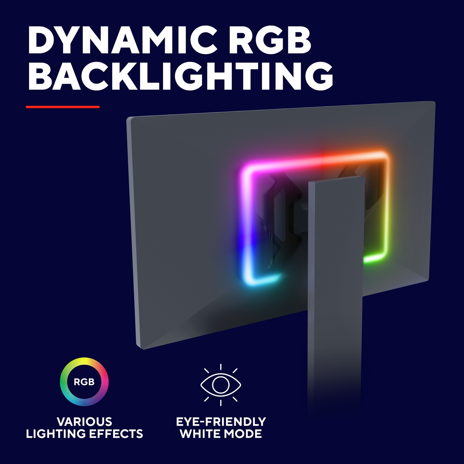 A monitor featuring dynamic RGB backlighting glowing in various colors.