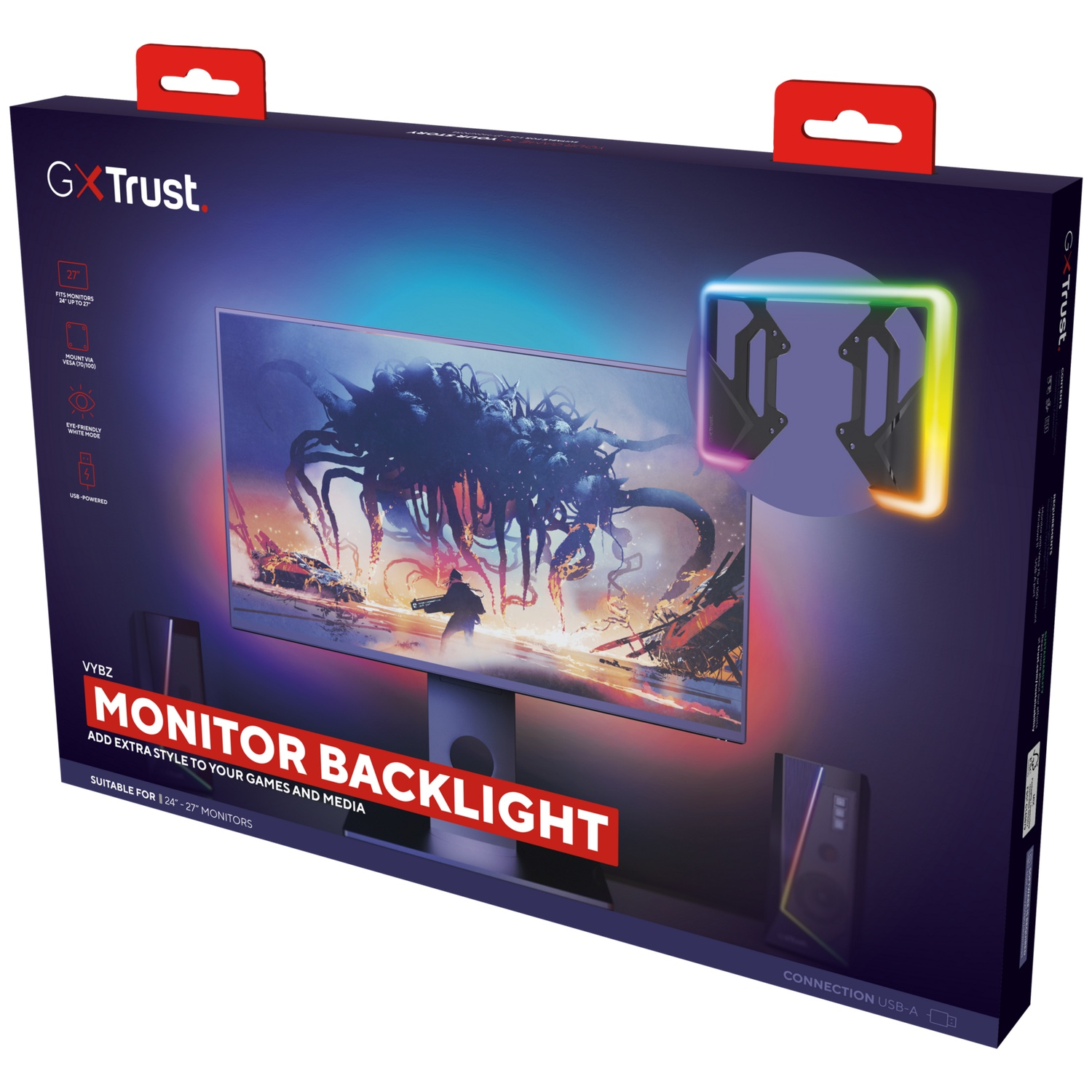 GX Trust Monitor Backlight packaging featuring a 27-inch monitor and RGB lighting.