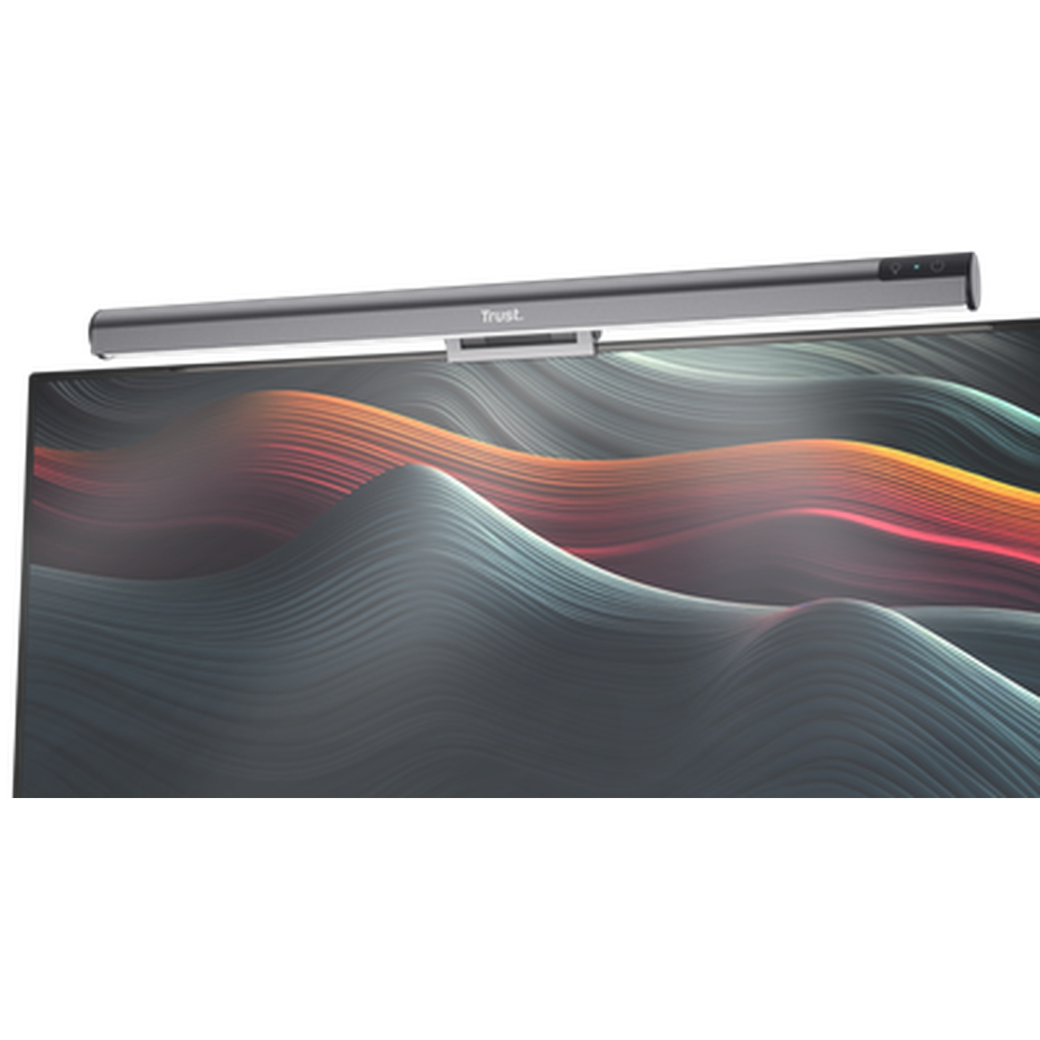 A gray monitor light bar with 'Trust' logo sits atop a monitor with wavy pattern.