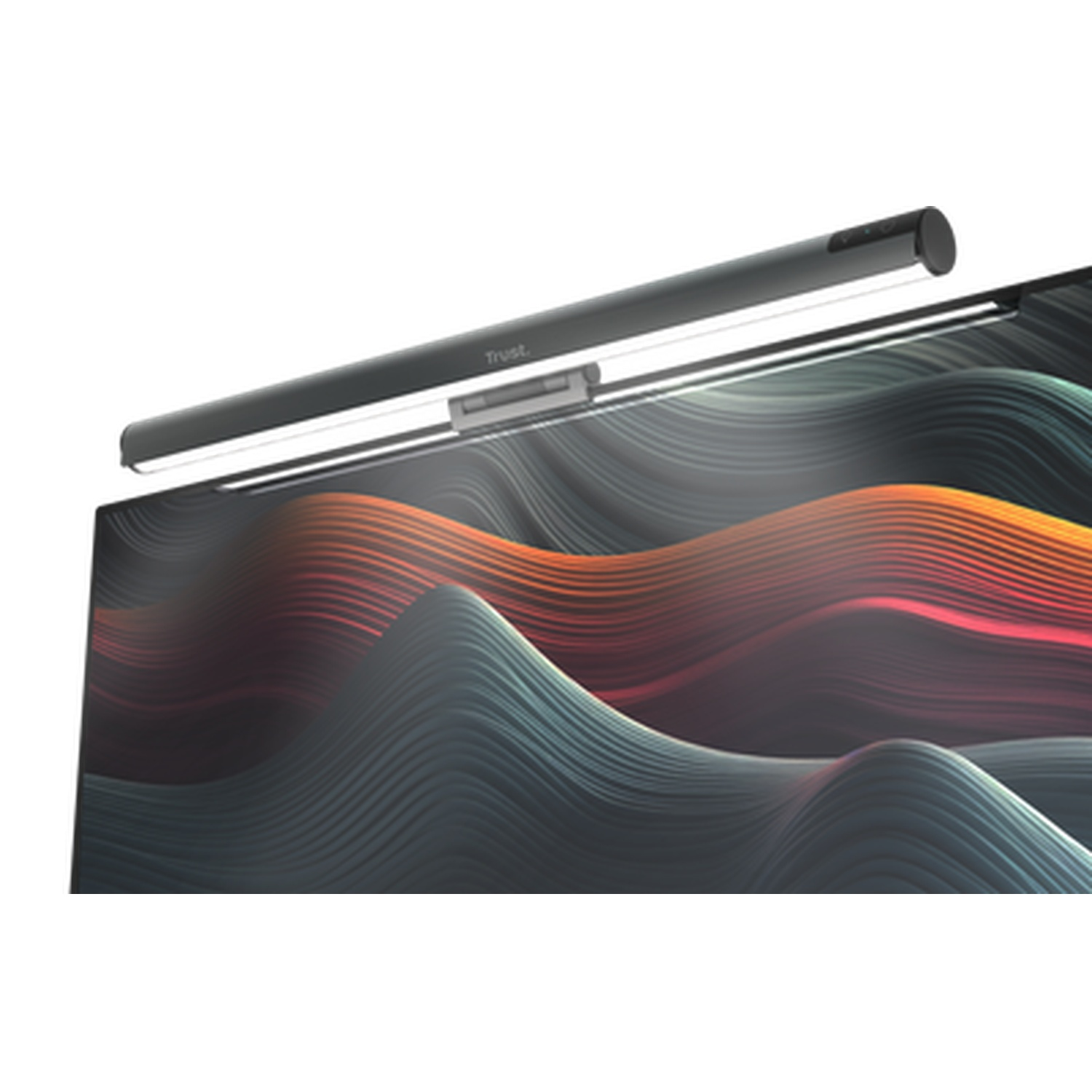 A dark screen with a light bar and abstract wave animation.