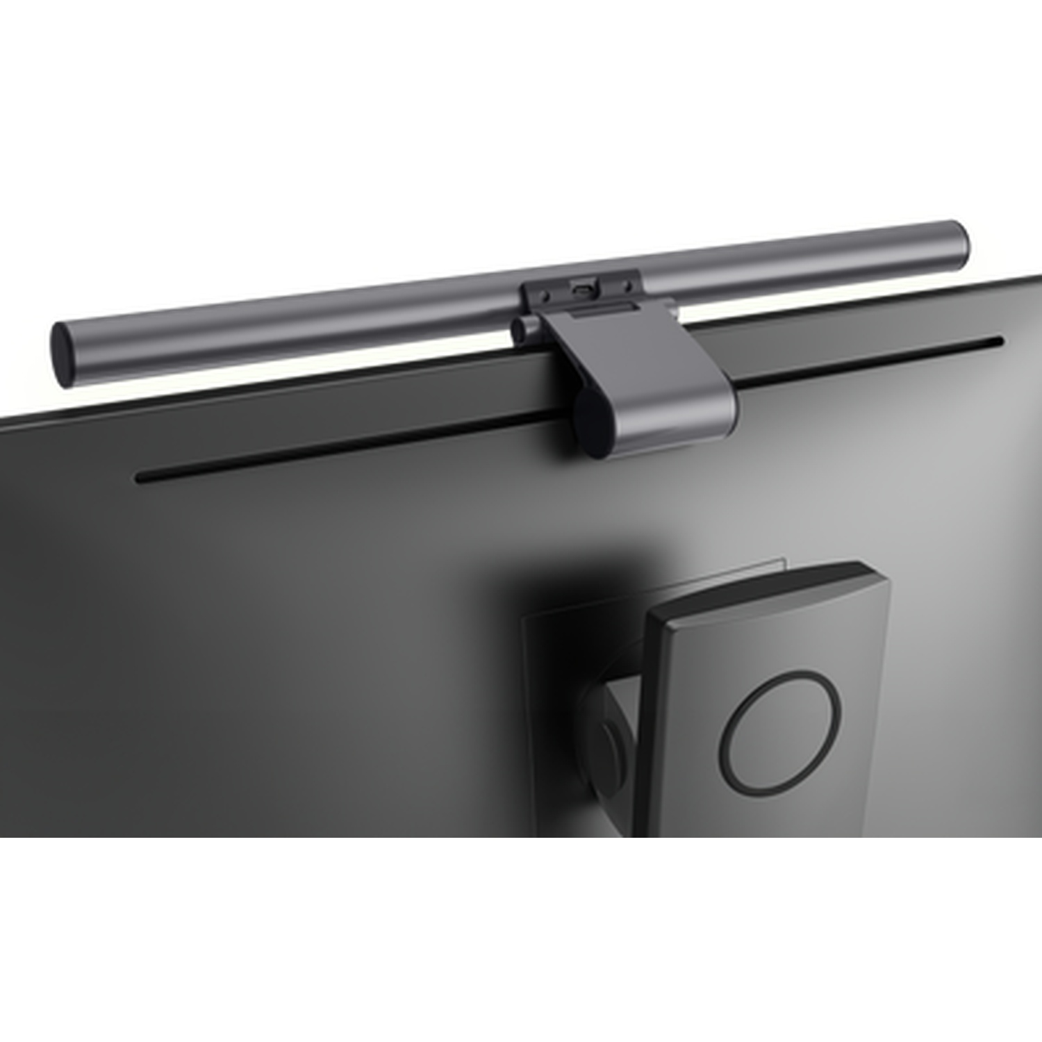 Gray monitor light bar with clip attached to the top edge of a black screen.