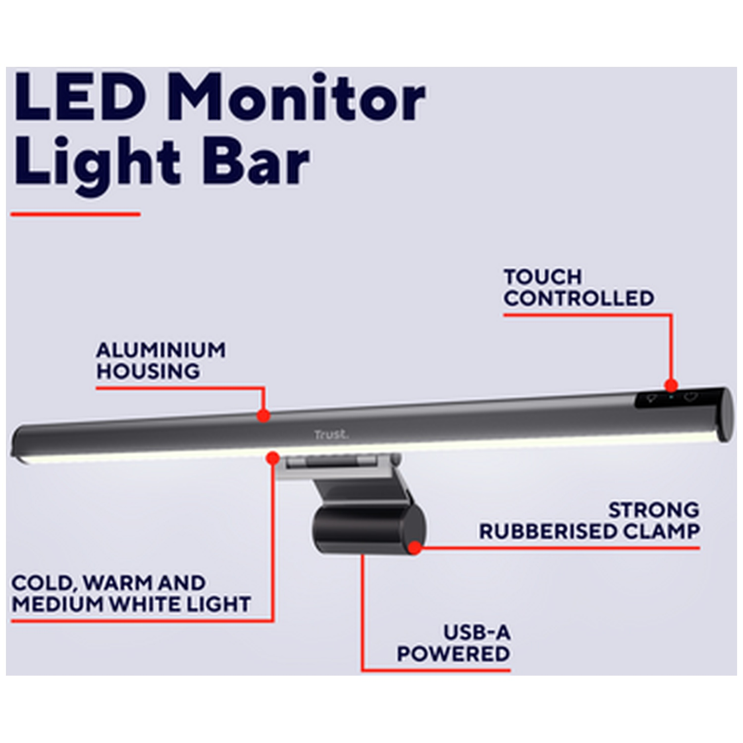 An LED monitor light bar with aluminum housing, touch control, and USB-A power.