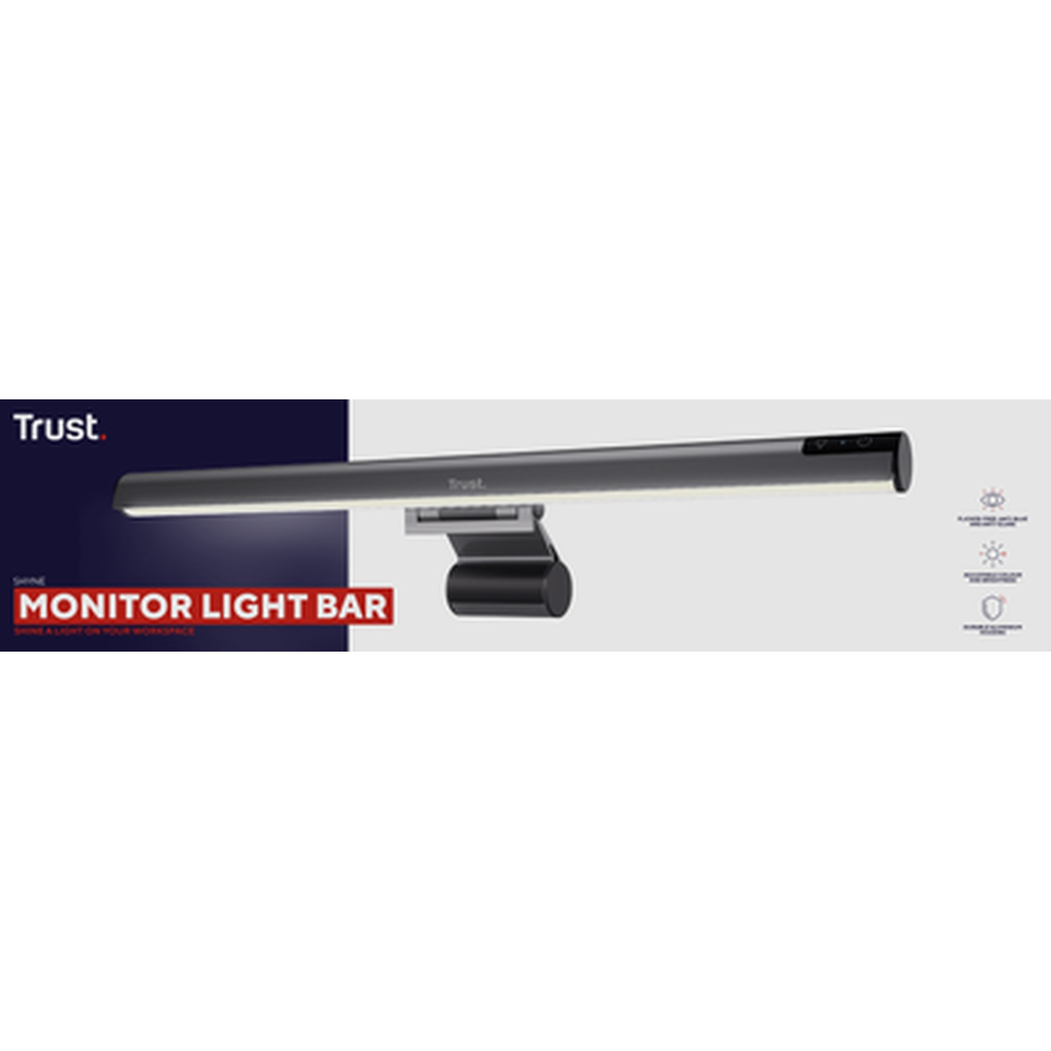 A slim grey monitor light bar with clamp mount. Features Trust logo and icons.