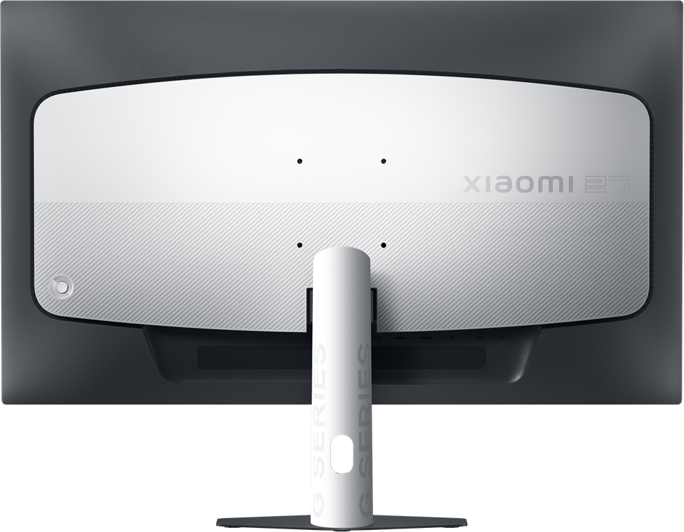 Fehér Xiaomi monitor hátoldala ezüst csíkokkal és portokkal.