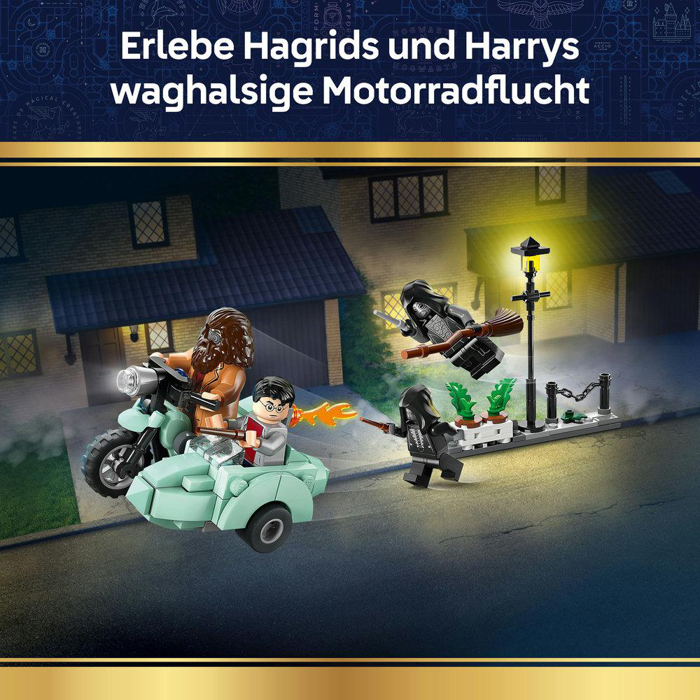 Hagrid auf Motorrad mit Beiwagen, Harry, zwei Dementoren und Laterne.