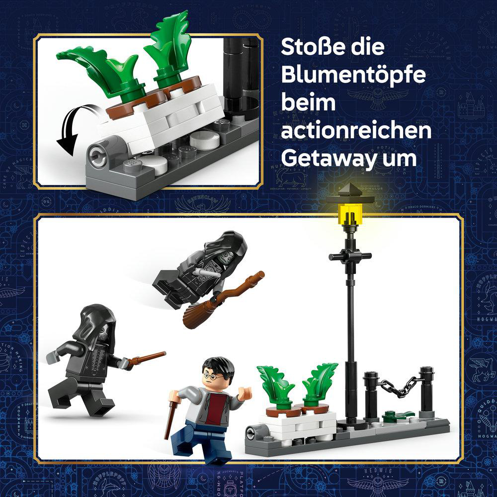 LEGO Harry Potter Figuren mit Besen, Zauberstab und Pflanzen.