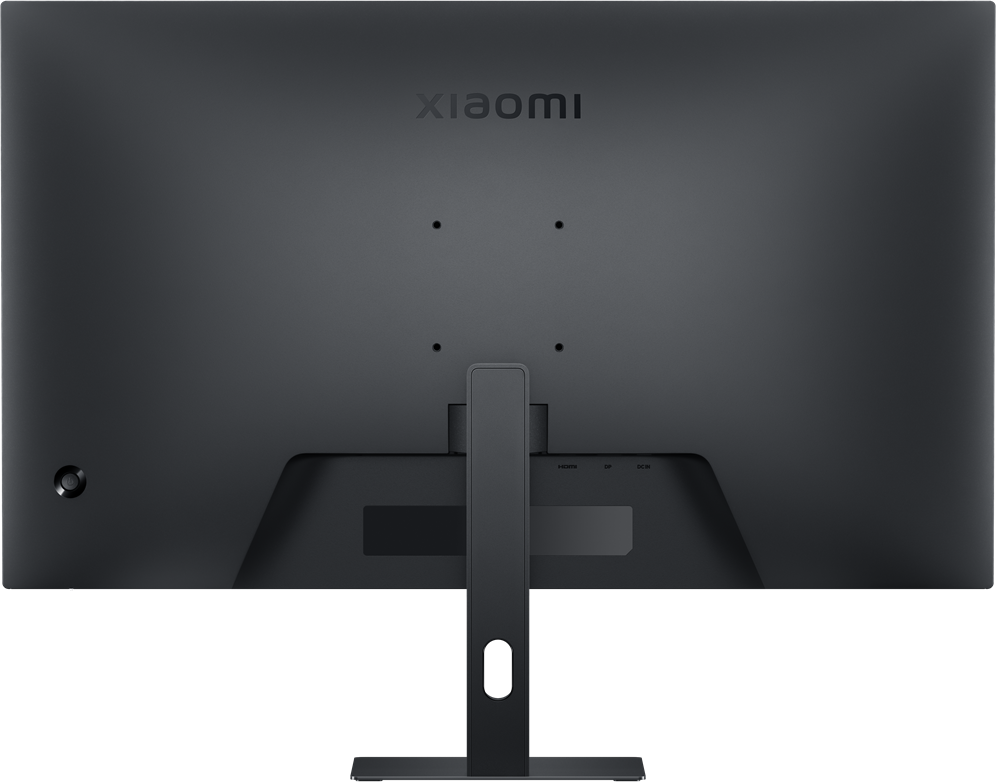 Egy fekete monitor hátulja Xiaomi logóval és portokkal.